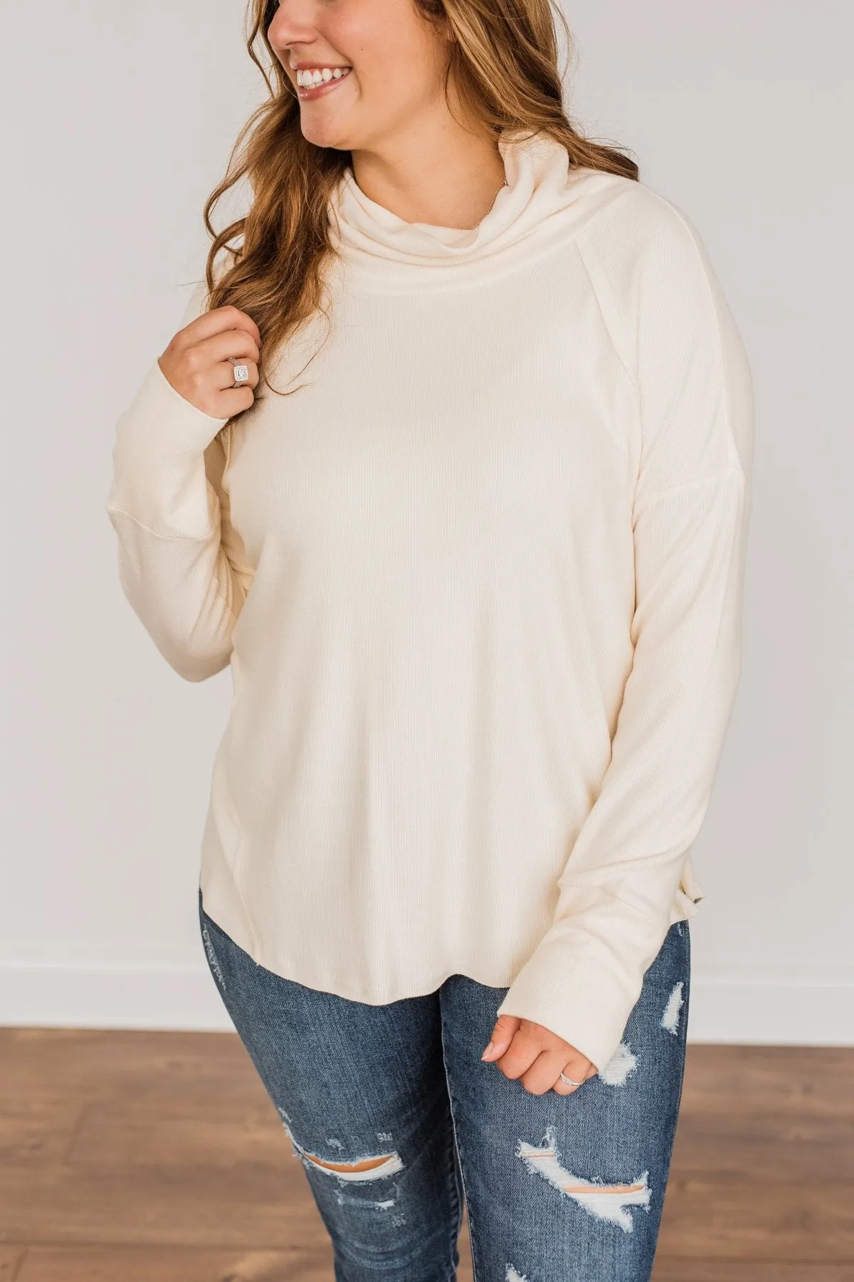 Fluttering Leaves Cowl Neck Top- Cream