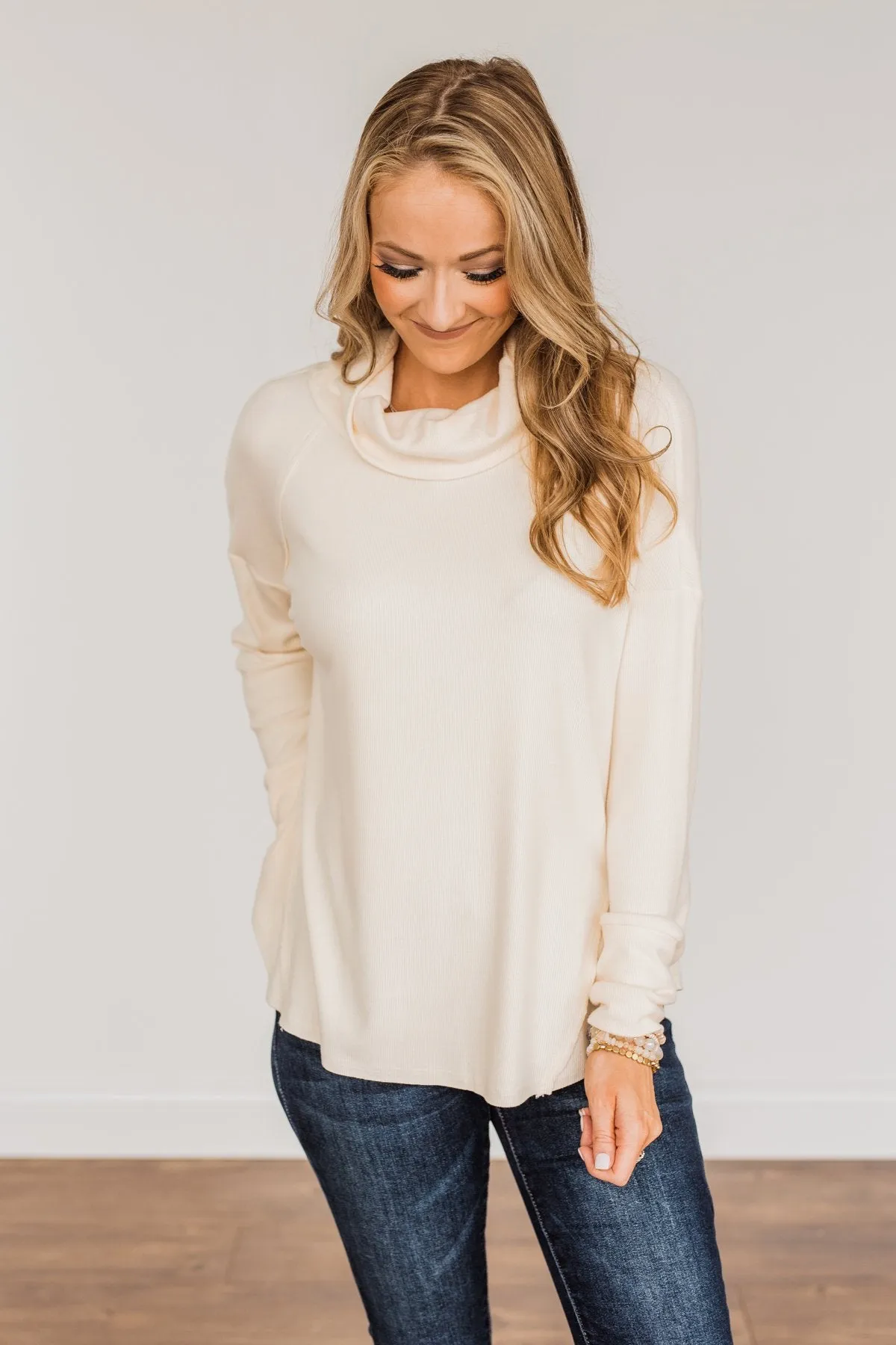 Fluttering Leaves Cowl Neck Top- Cream