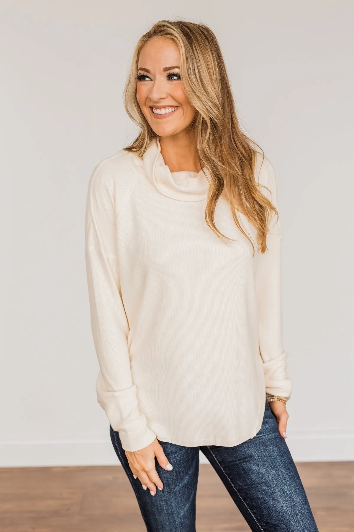 Fluttering Leaves Cowl Neck Top- Cream