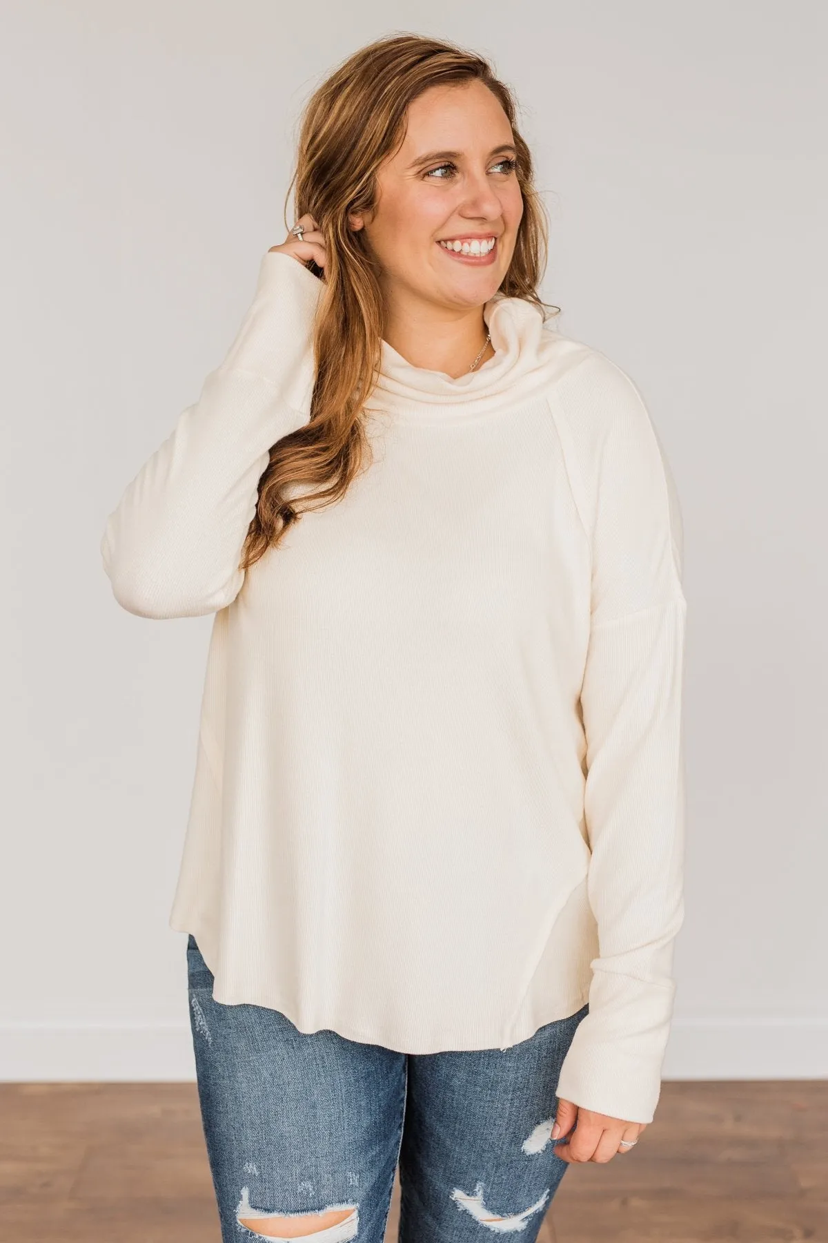 Fluttering Leaves Cowl Neck Top- Cream