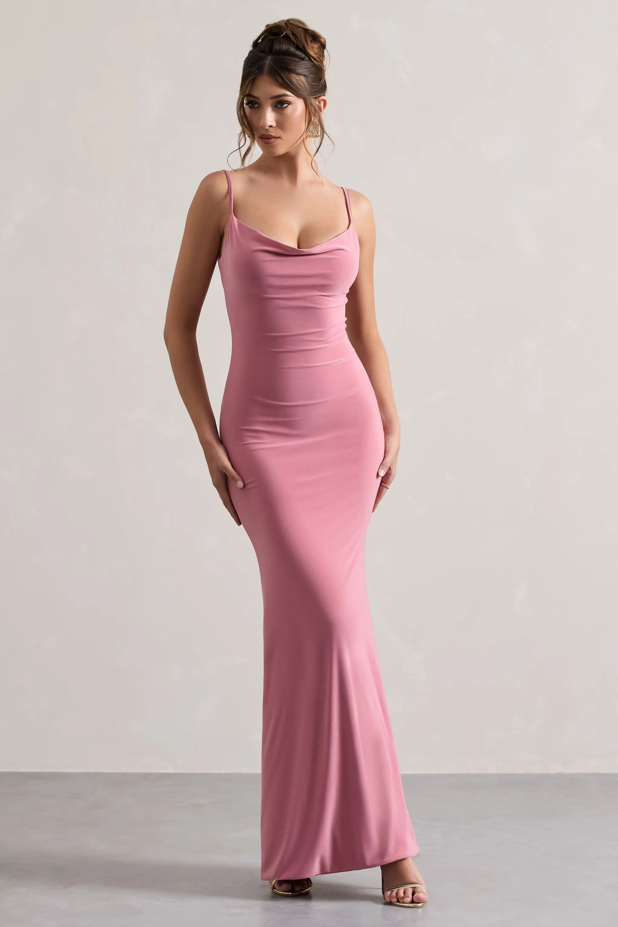 Francoise | Blush Cowl Neck Backless Maxi Dress With Lace Insert