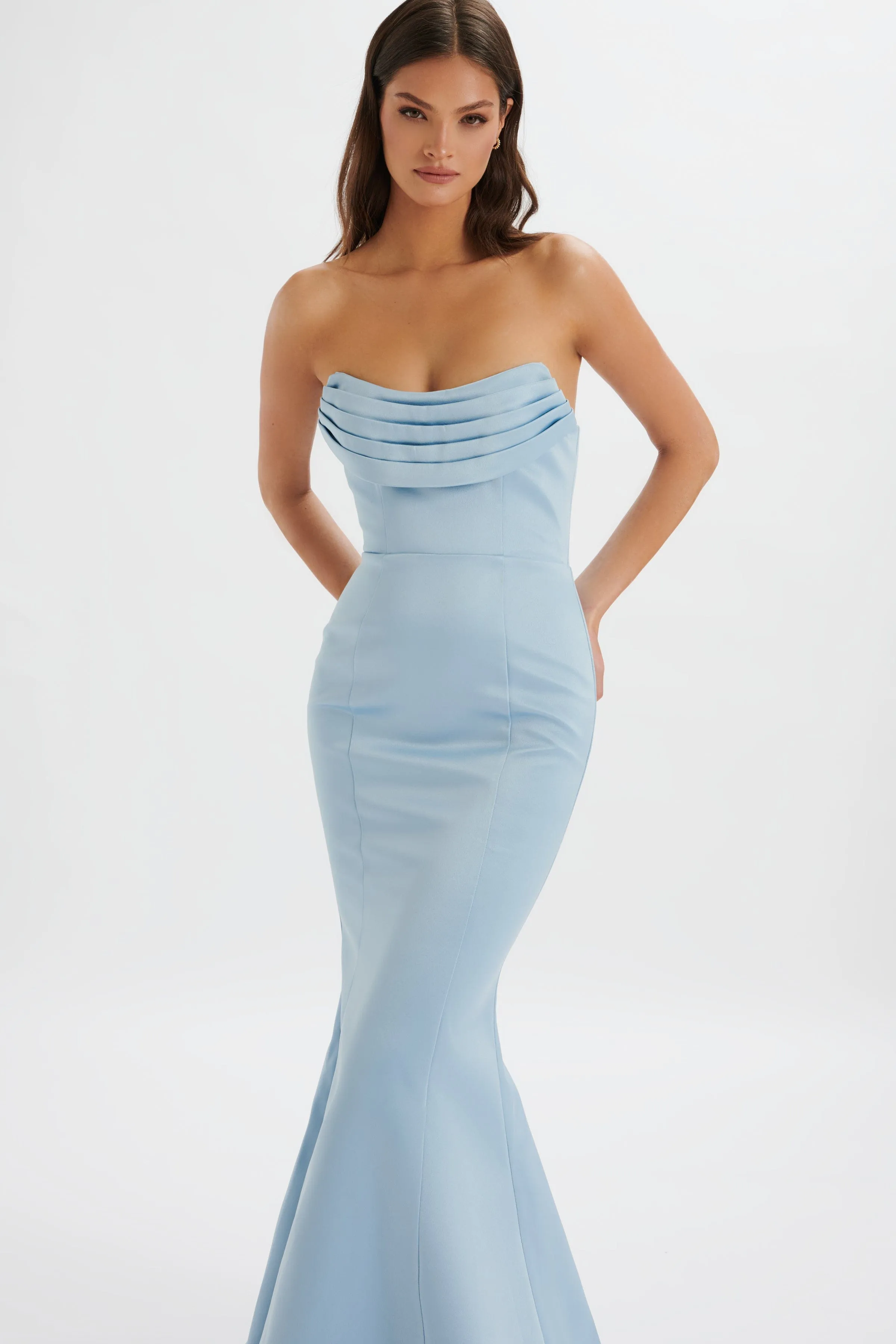 FREYA Bonded Satin Cowl Neck Maxi Dress In Dusty Blue