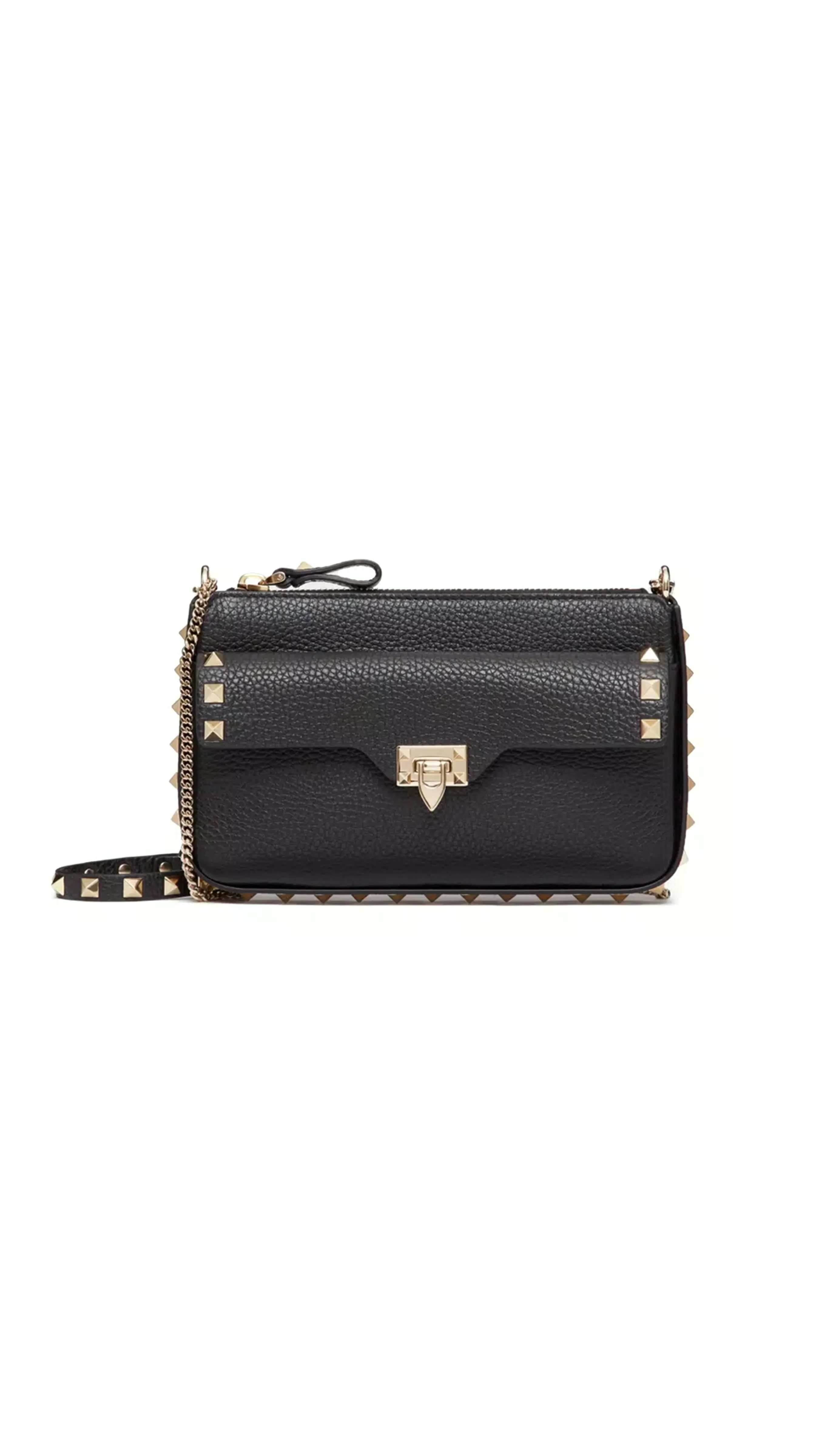 Grainy Calfskin Pouch with Rockstud Chain - Black