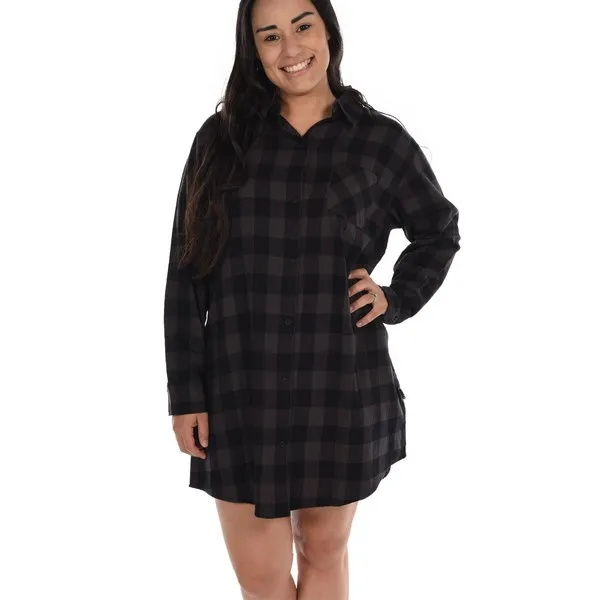 Grey Plaid Flannel Button Nightshirt