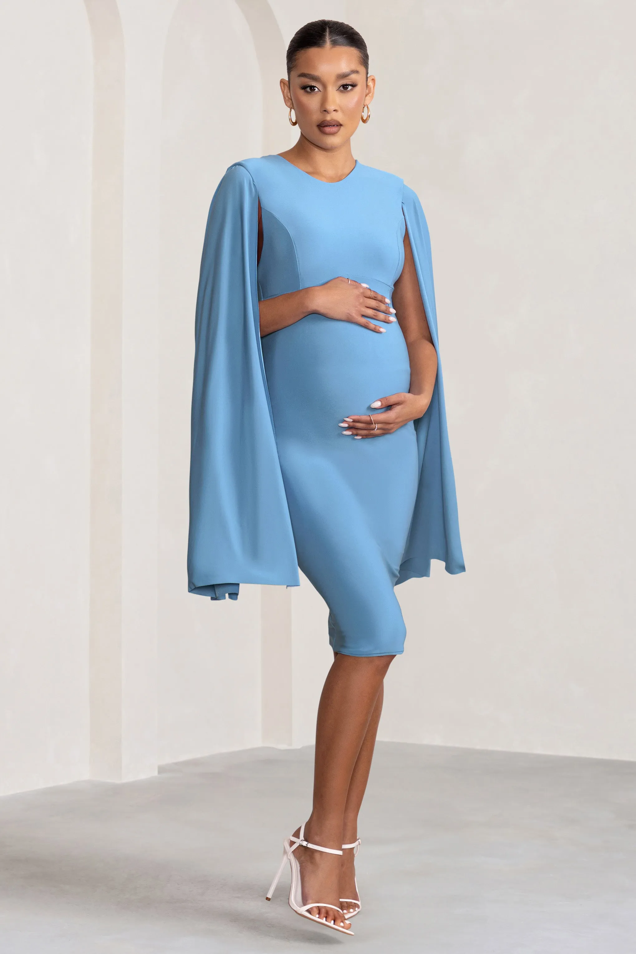 Hey Mama | Powder Blue Maternity Cape Sleeve Midi Dress