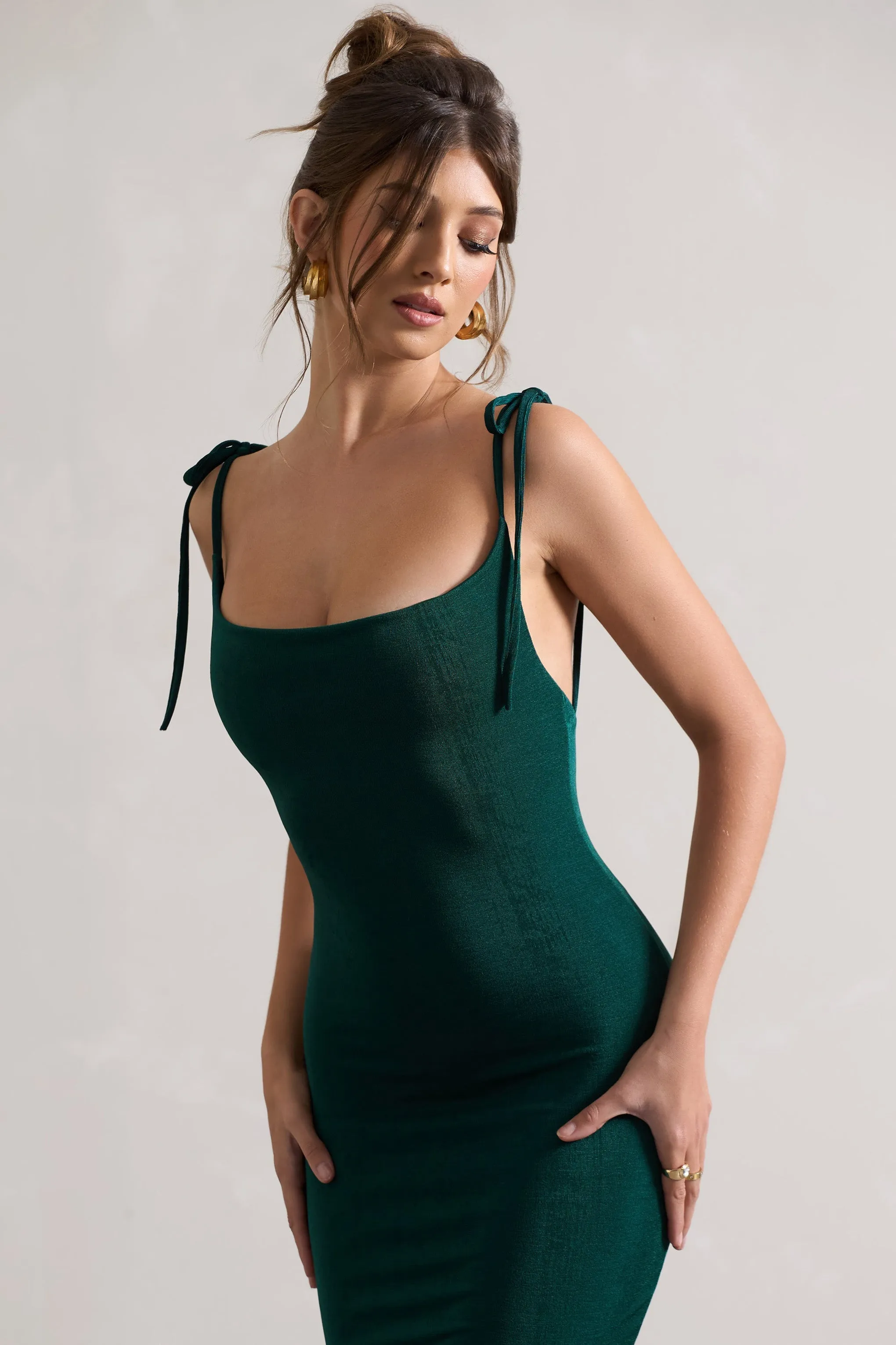 Irina | Bottle Green Cowl-Neck Bodycon Midi Dress