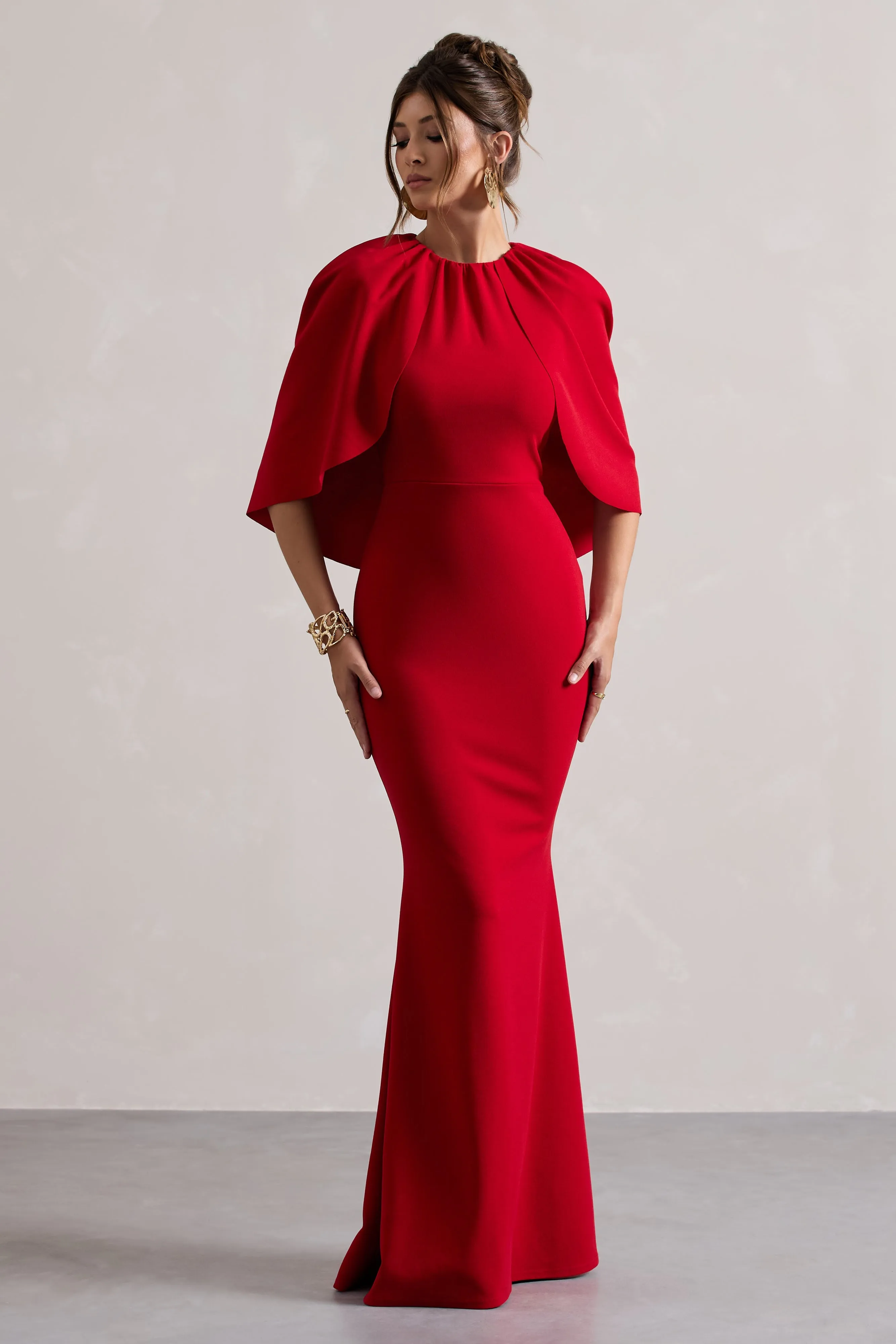 Kianne | Red Draped Short-Sleeve Maxi Dress