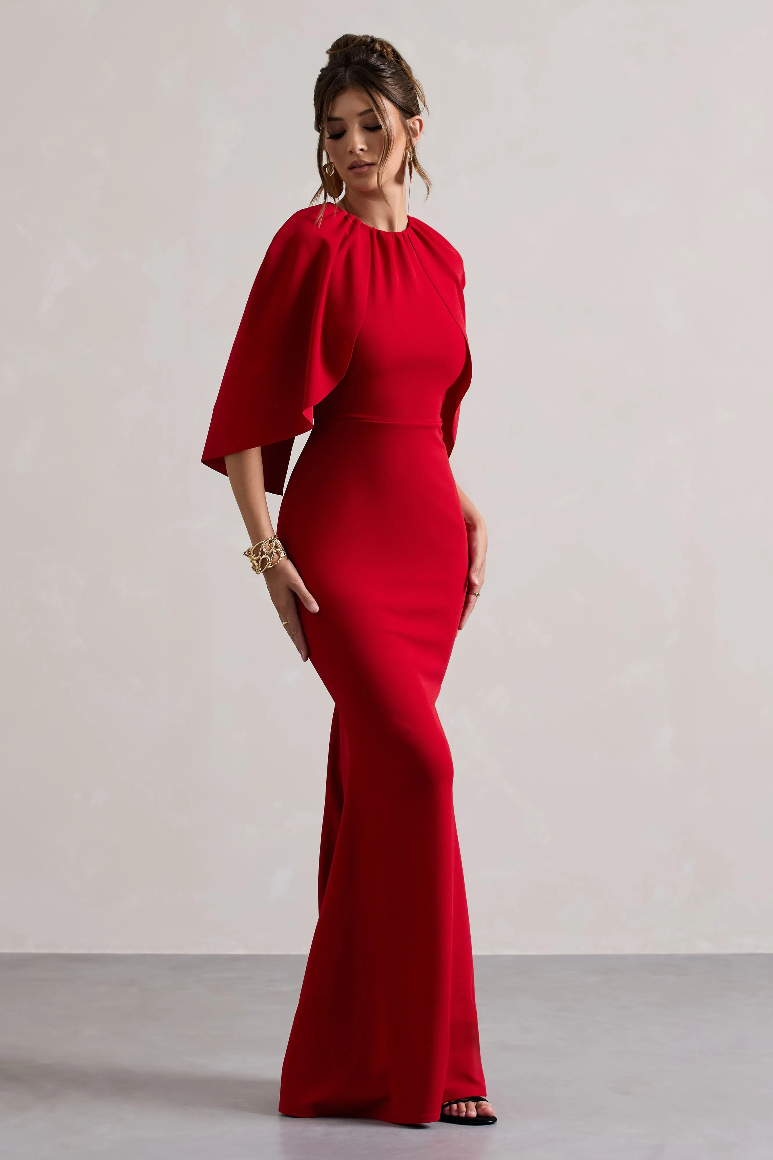 Kianne | Red Draped Short-Sleeve Maxi Dress