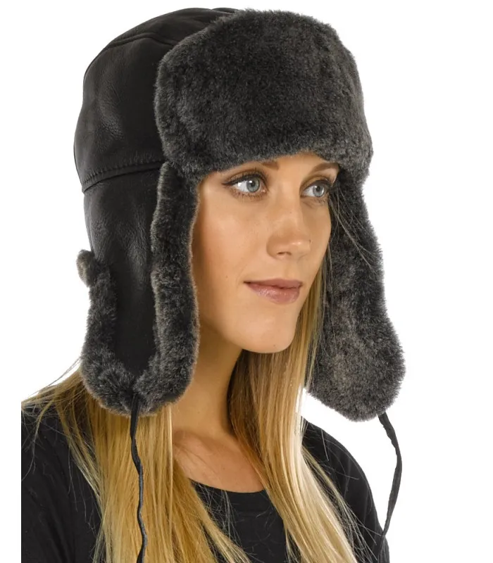 Lady Concorde Napa Leather Shearling Sheepskin Hat in Black: FurHatWorld.com