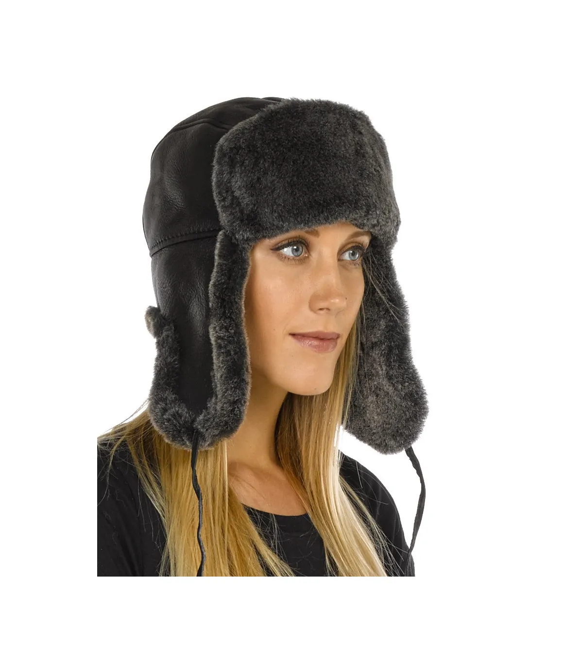 Lady Concorde Napa Leather Shearling Sheepskin Hat in Black: FurHatWorld.com