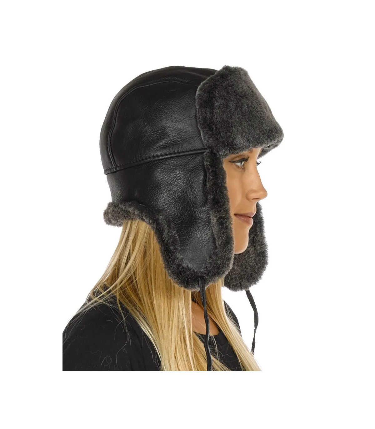 Lady Concorde Napa Leather Shearling Sheepskin Hat in Black: FurHatWorld.com