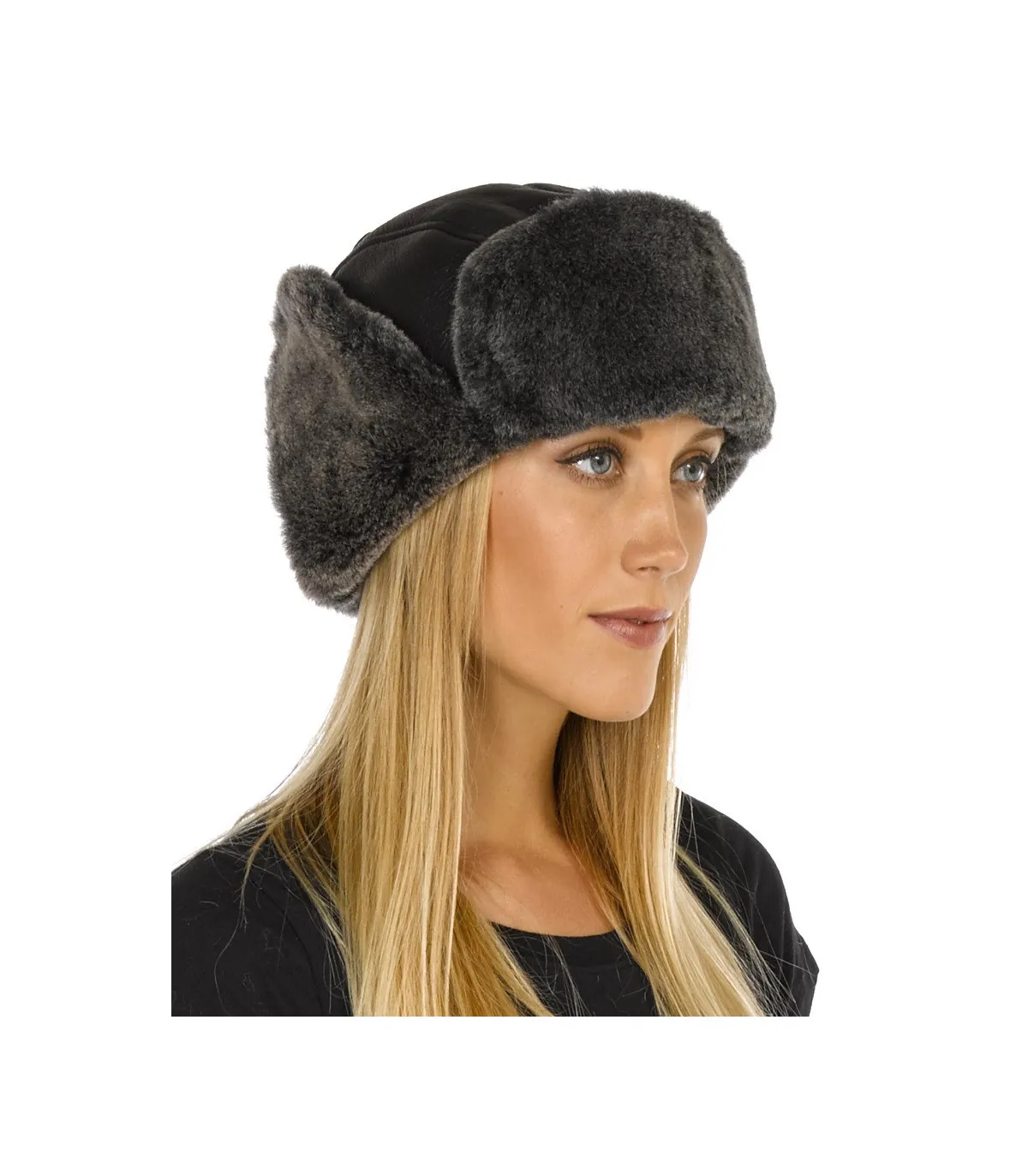 Lady Concorde Napa Leather Shearling Sheepskin Hat in Black: FurHatWorld.com