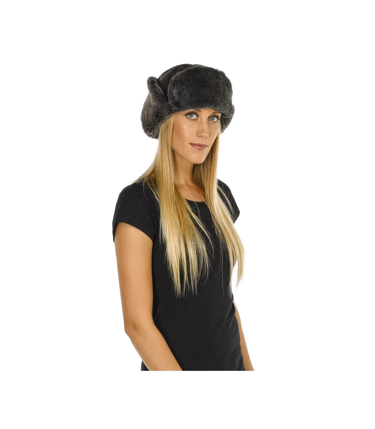 Lady Concorde Napa Leather Shearling Sheepskin Hat in Black: FurHatWorld.com