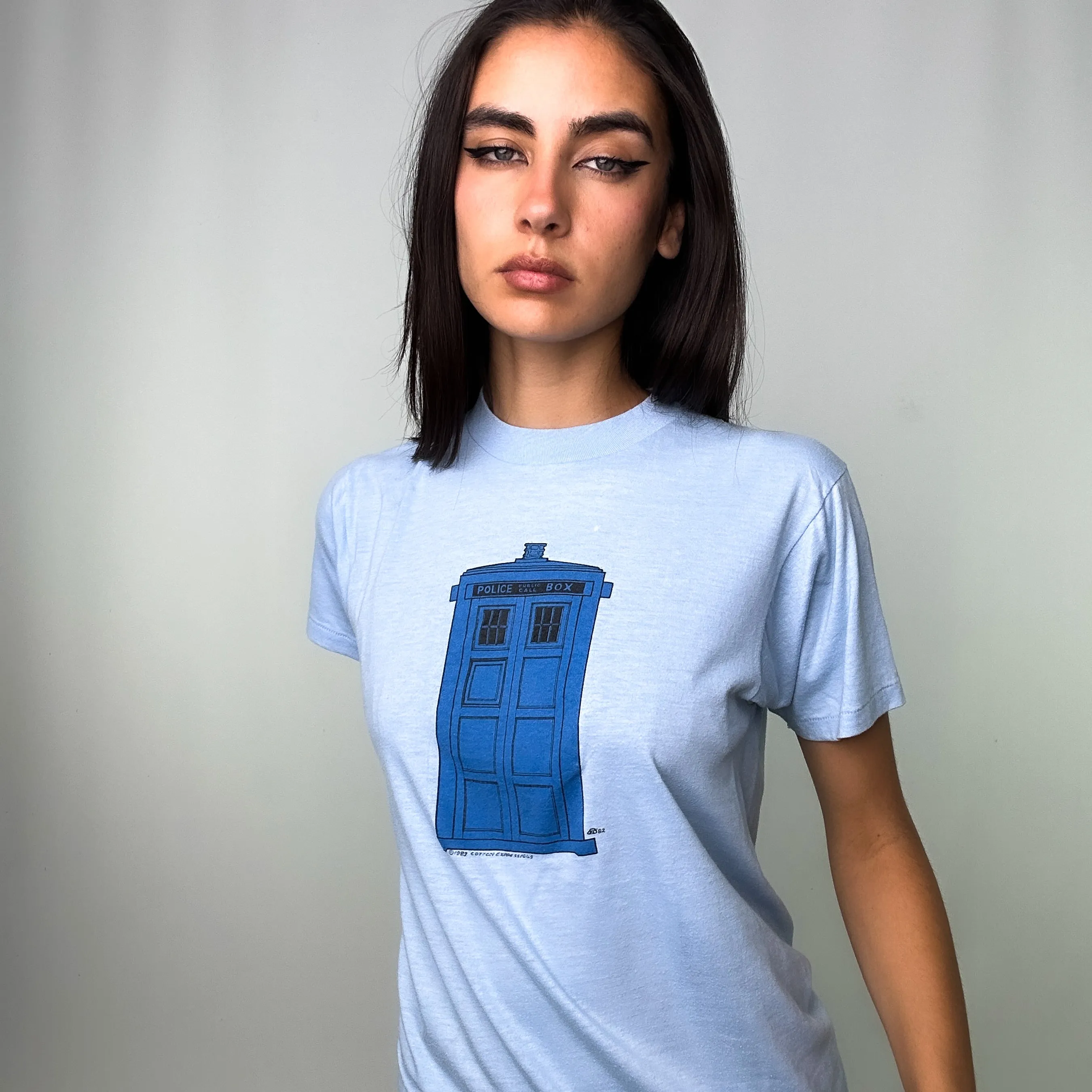 Light Blue 80s Hanes Tardis Doctor Who 1982 Single Stitch T-Shirt (S)