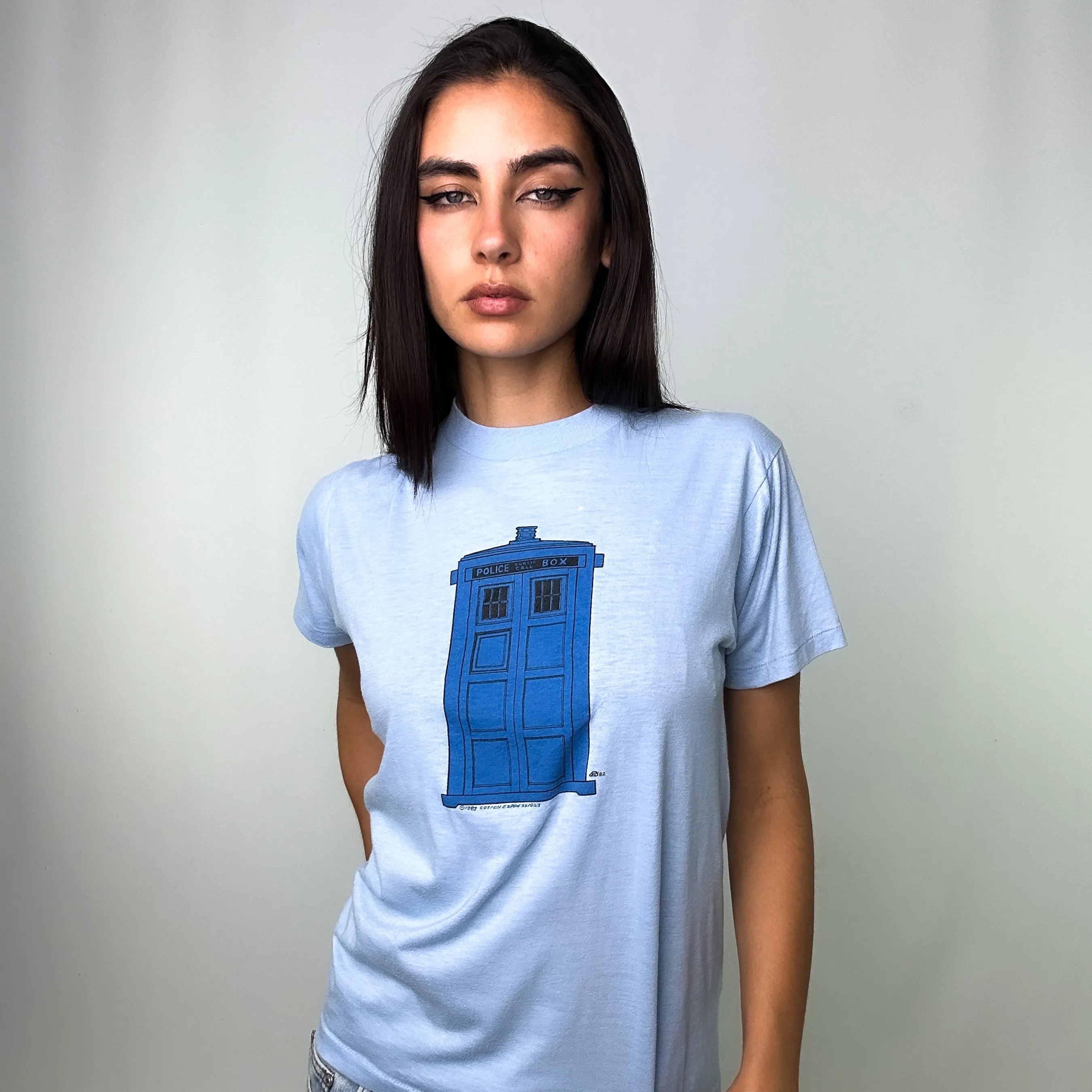 Light Blue 80s Hanes Tardis Doctor Who 1982 Single Stitch T-Shirt (S)