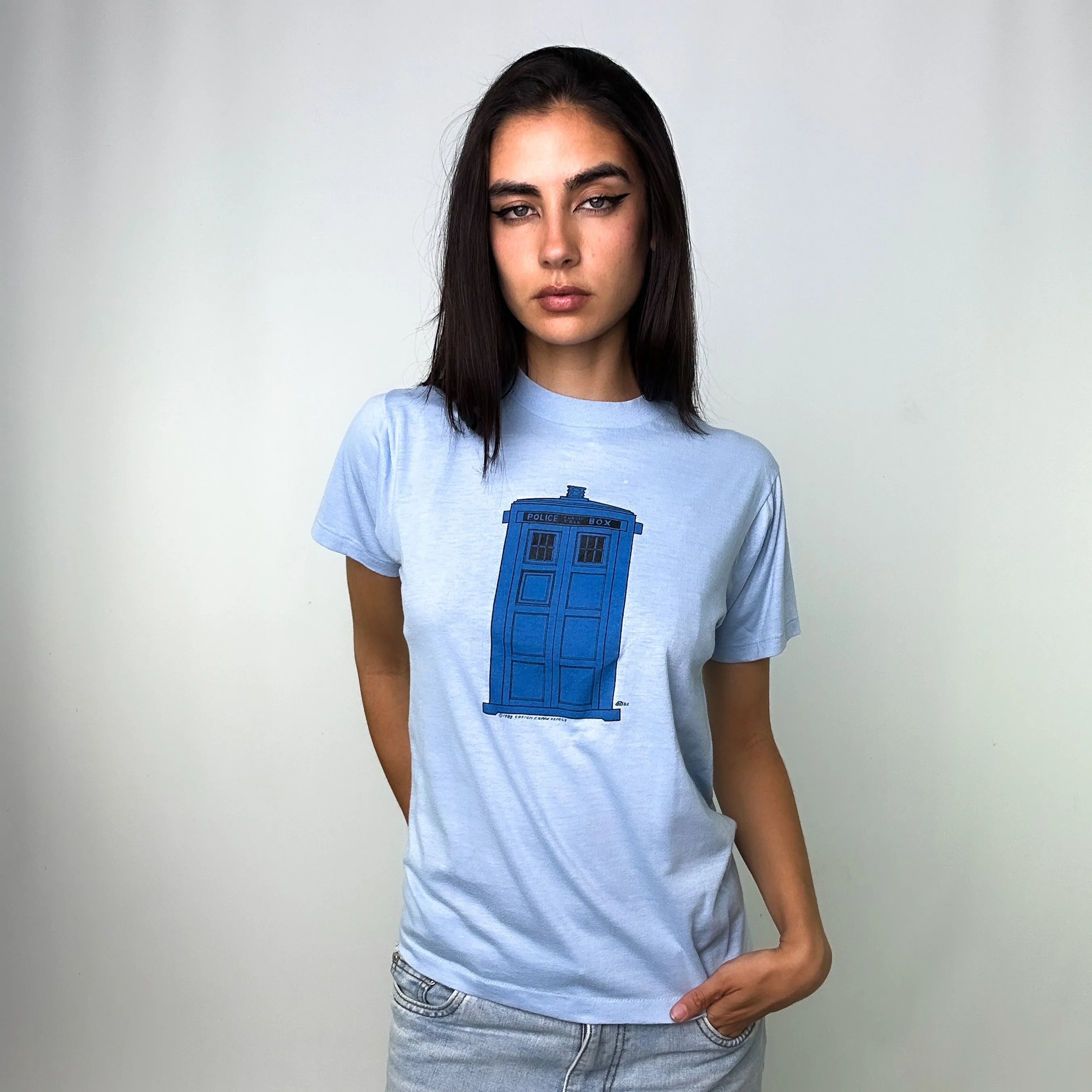 Light Blue 80s Hanes Tardis Doctor Who 1982 Single Stitch T-Shirt (S)