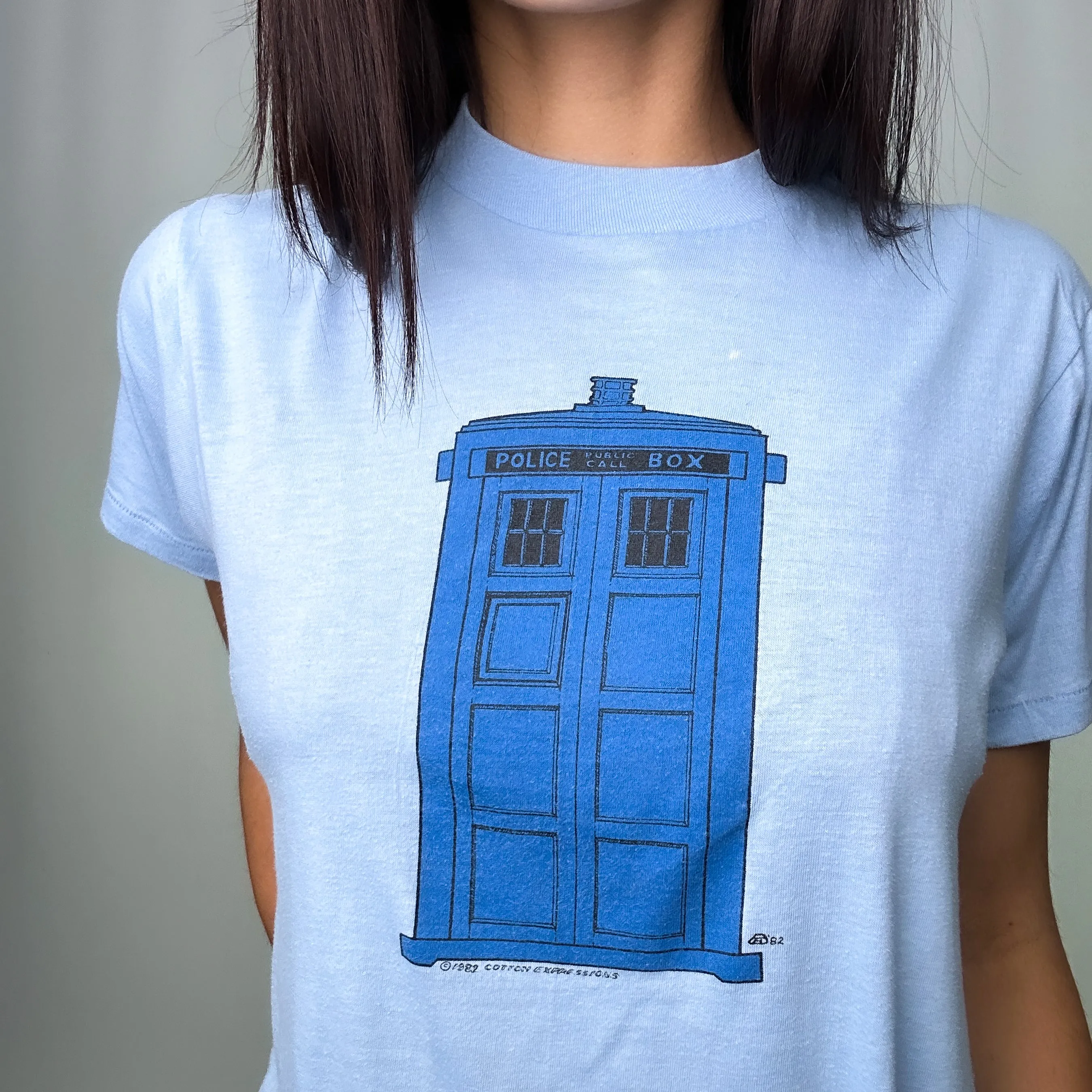 Light Blue 80s Hanes Tardis Doctor Who 1982 Single Stitch T-Shirt (S)