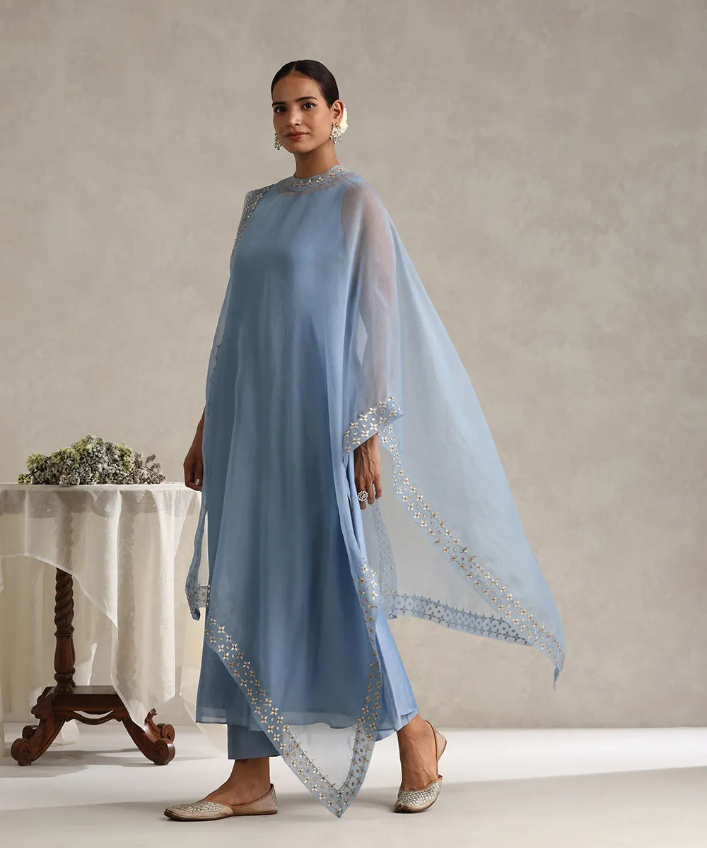 Light Blue Hand Embroidered Pure Chanderi Gota Dress With Asymmetric Gota Patti Cape And Pants