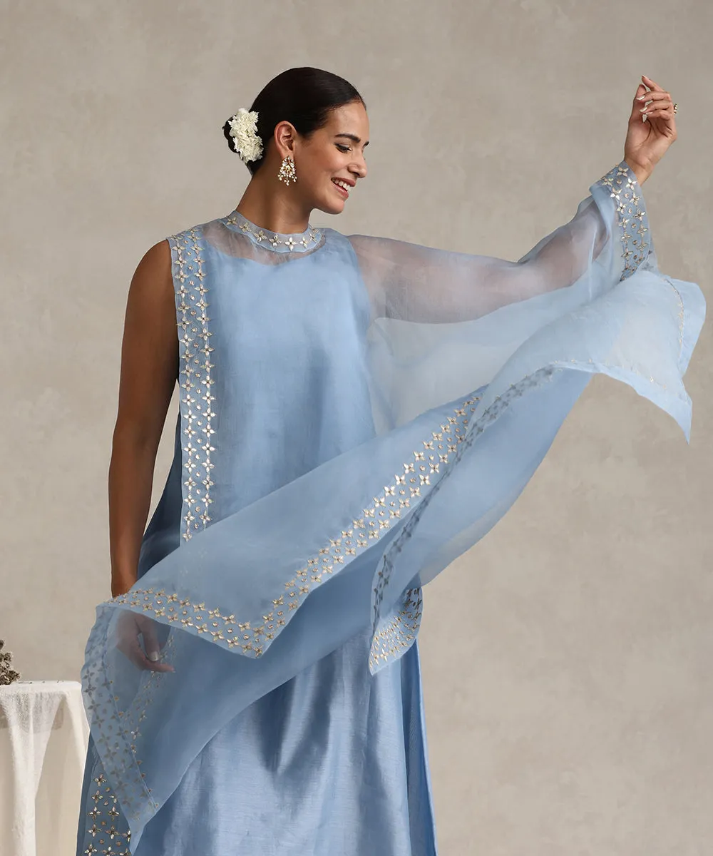 Light Blue Hand Embroidered Pure Chanderi Gota Dress With Asymmetric Gota Patti Cape And Pants