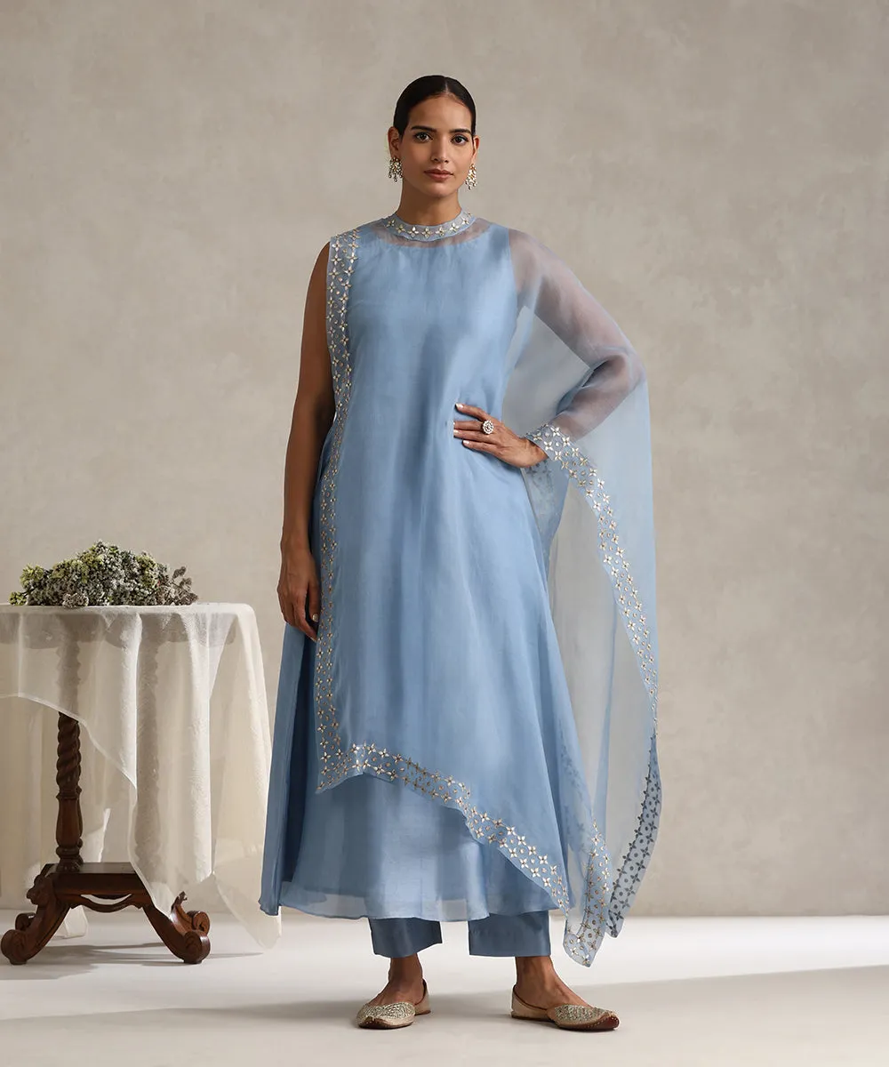 Light Blue Hand Embroidered Pure Chanderi Gota Dress With Asymmetric Gota Patti Cape And Pants