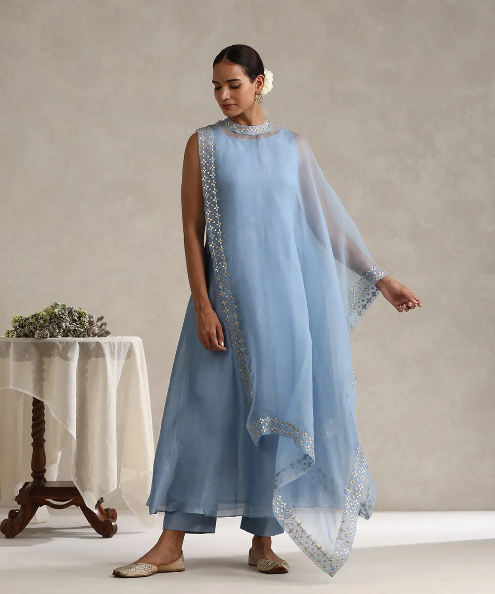 Light Blue Hand Embroidered Pure Chanderi Gota Dress With Asymmetric Gota Patti Cape And Pants