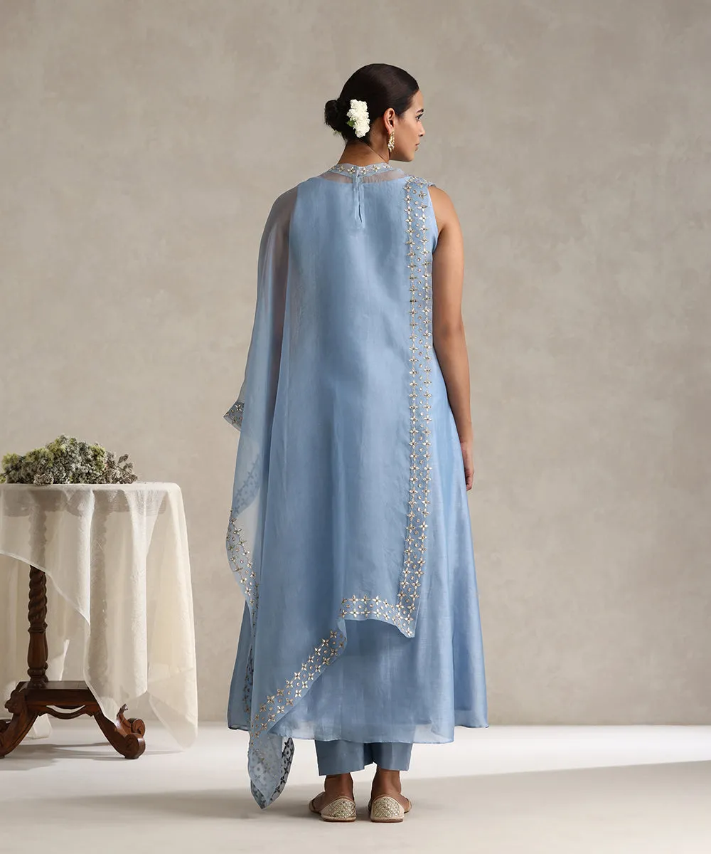 Light Blue Hand Embroidered Pure Chanderi Gota Dress With Asymmetric Gota Patti Cape And Pants