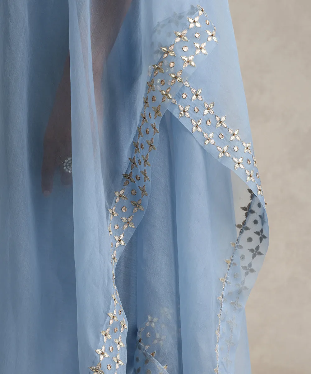 Light Blue Hand Embroidered Pure Chanderi Gota Dress With Asymmetric Gota Patti Cape And Pants