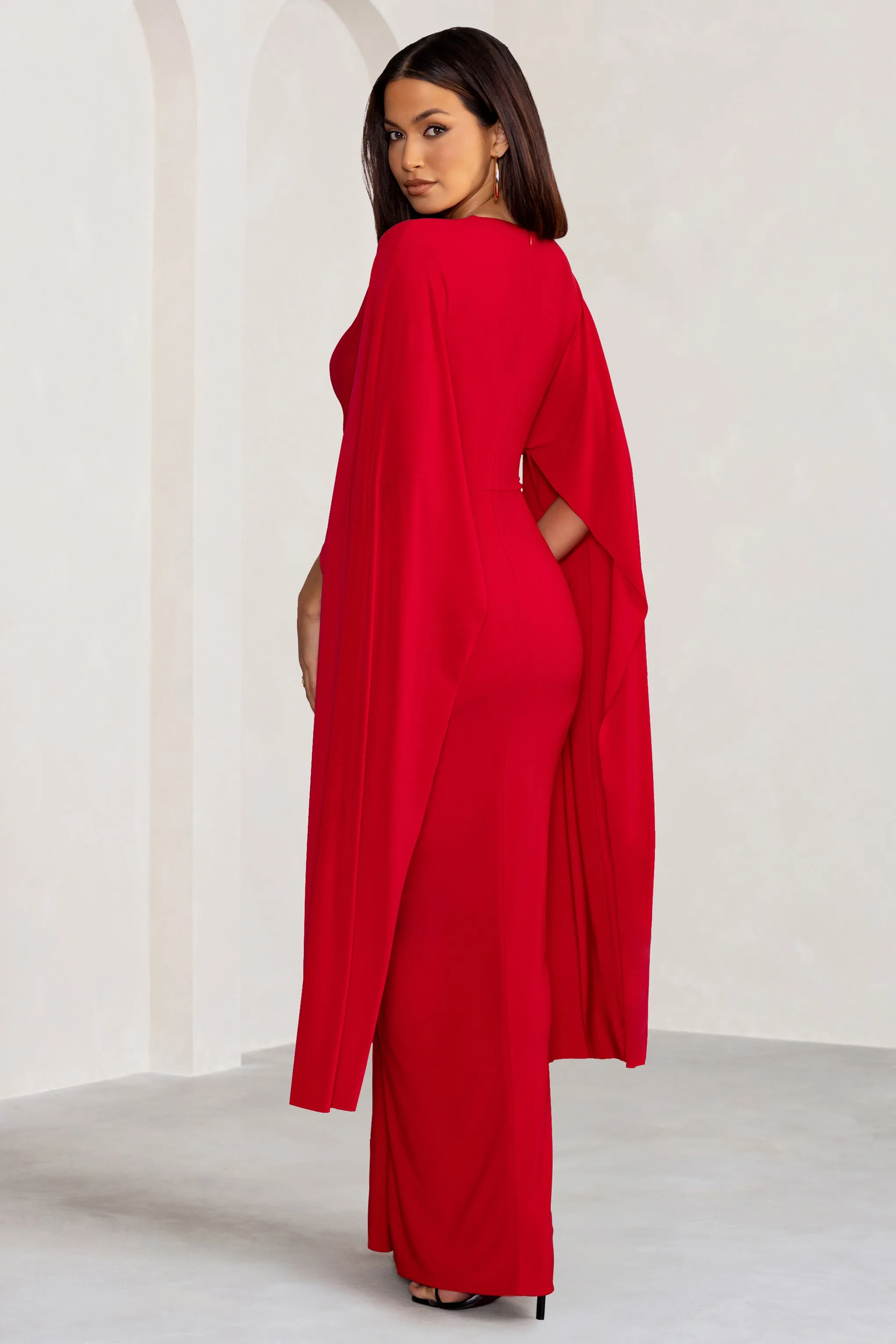 Maggie | Red Plunge Neck Maxi Dress with Cape Sleeves and Thigh Split