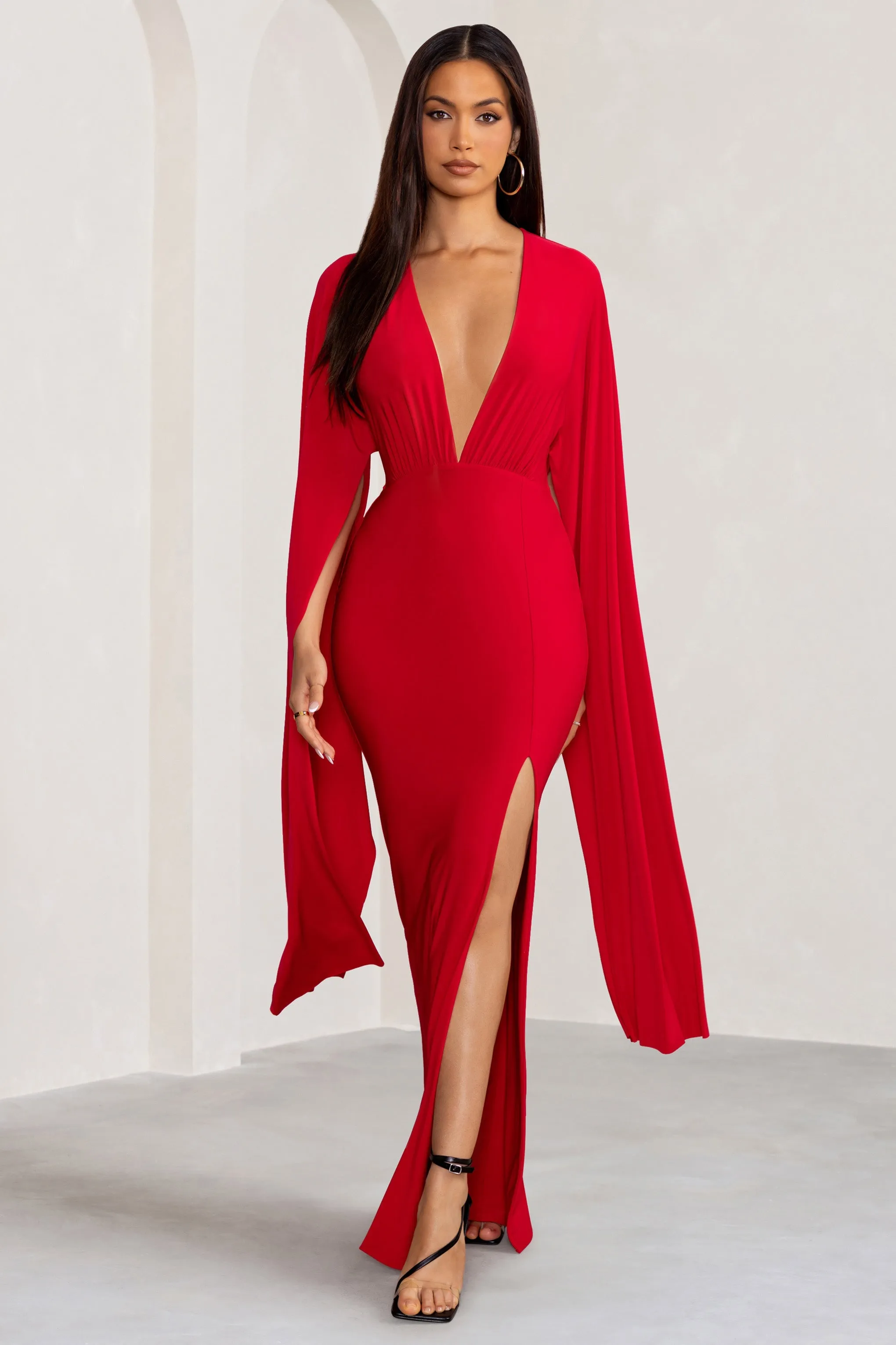 Maggie | Red Plunge Neck Maxi Dress with Cape Sleeves and Thigh Split