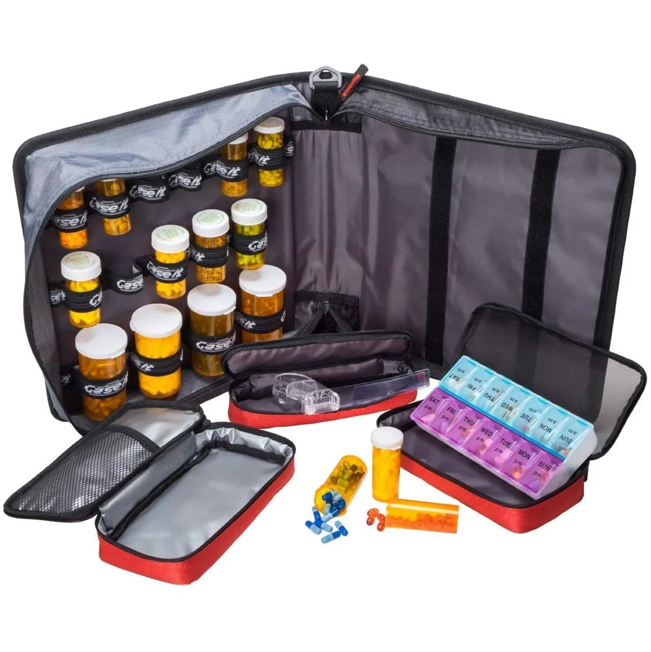 Med Manager Diabetic Supply Organizer with Insulin Cooler Travel Case, Holds (15) Pill Bottles - (11) Standard Size and (4) Larg