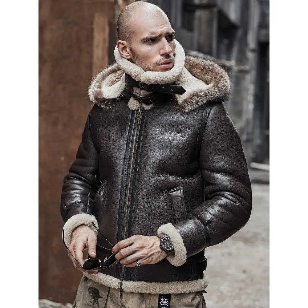 Men's Aviator Brown Sheepskin Shearling Leather Jacket with Hood