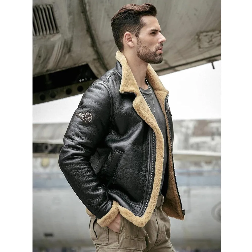 Men's Black RAF Aviator Airforce Sheepskin Shearling Jacket