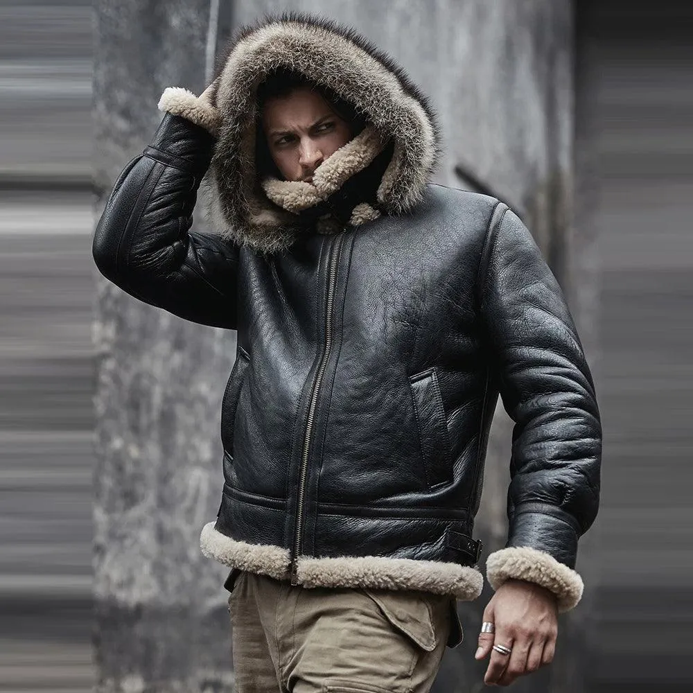 Men's Hooded RAF Aviator B3 Sheepskin Shearling Jacket in Black