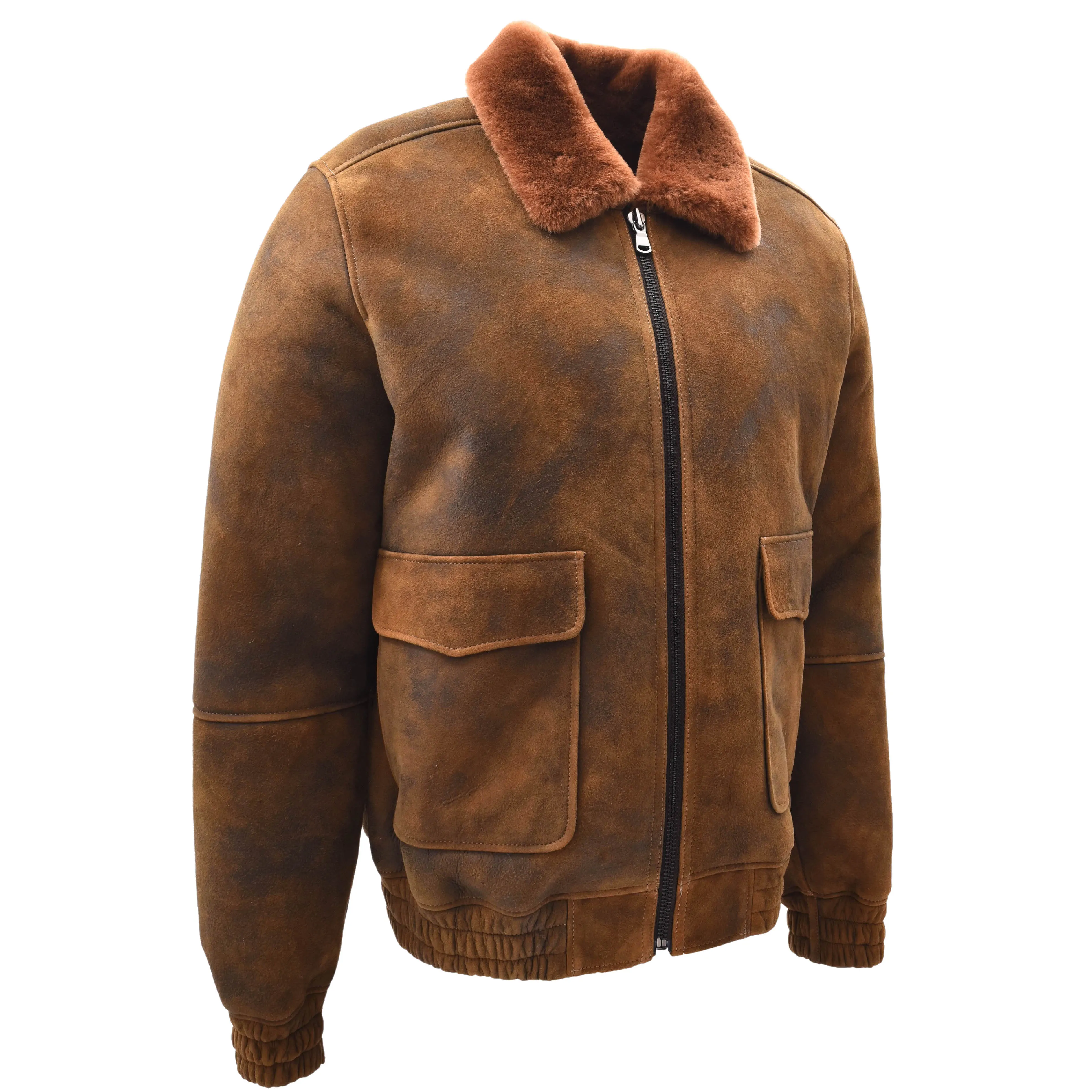 Mens Original Flying Sheepskin Bomber Brown Ginger Shearling Jacket Curtis