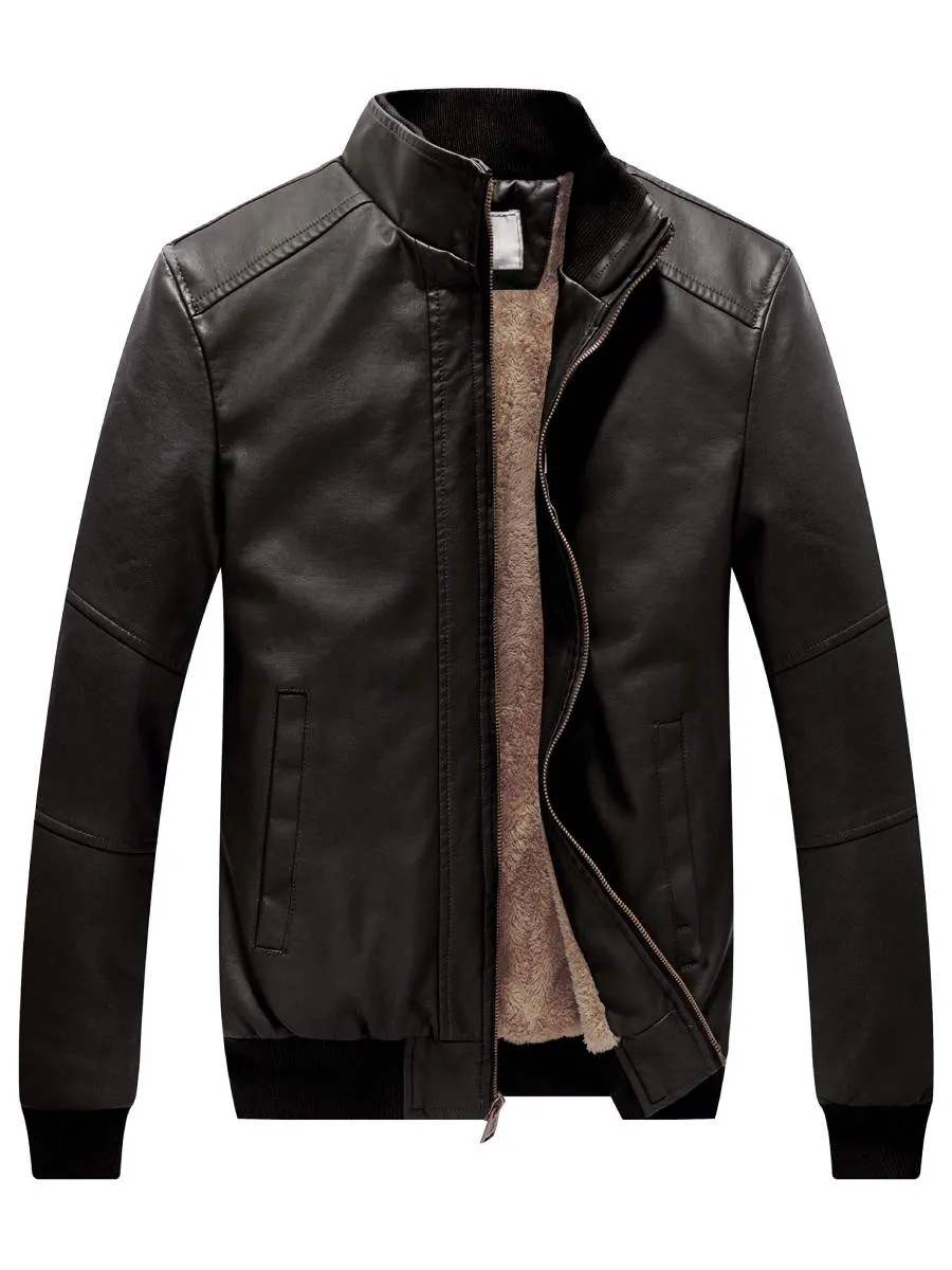 Men's Stand Collar Fleece Lined Bomber Faux Leather Jacket