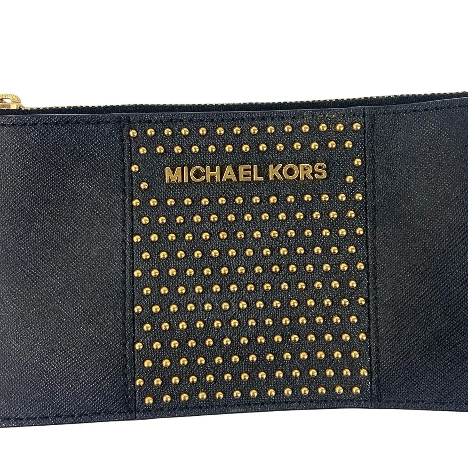 Michael Kors Jet Set Black Leather Logo Studded Zipper Purse Wallet Wristlet