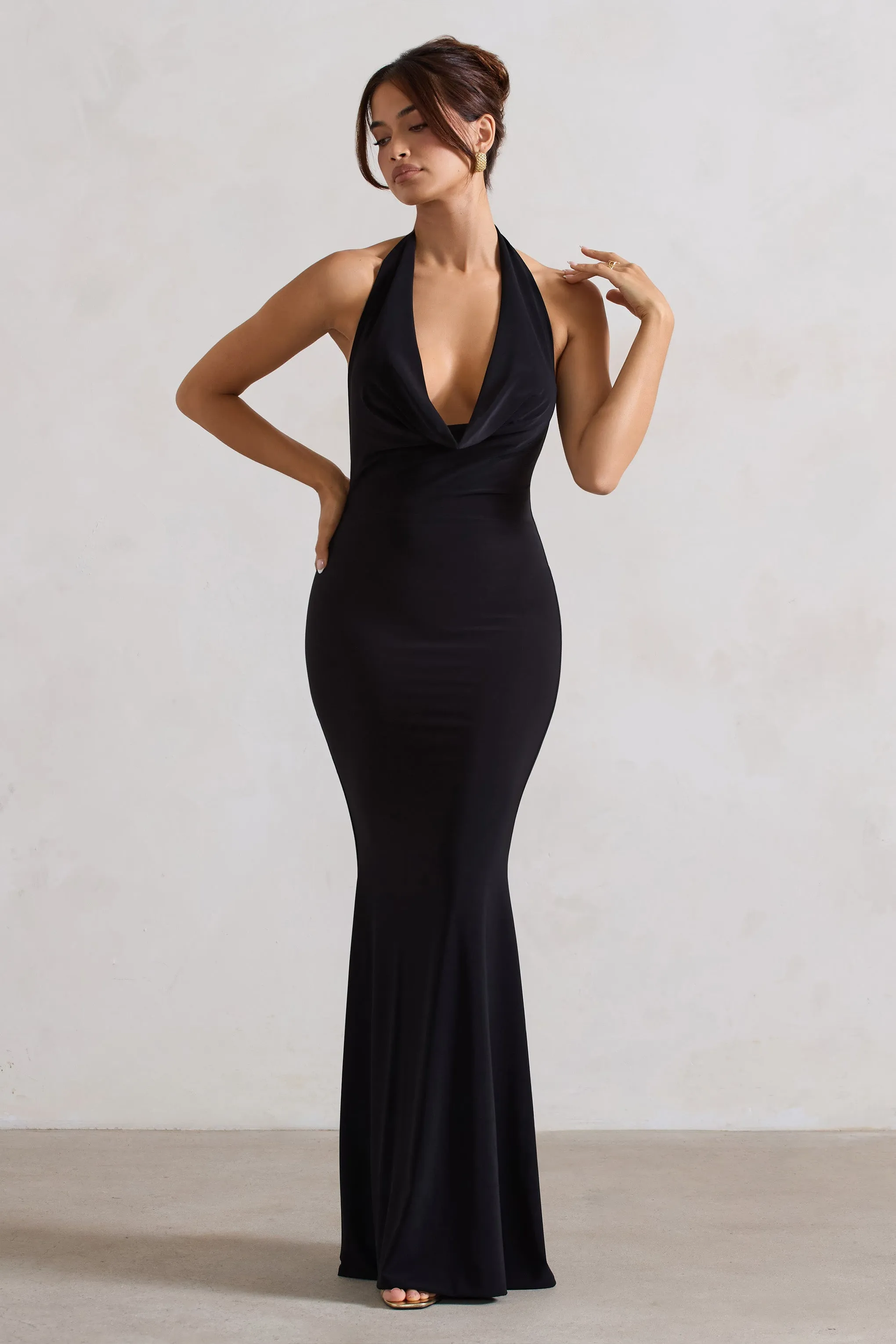 Milani | Black Backless Cowl Neck Fishtail Maxi Dress