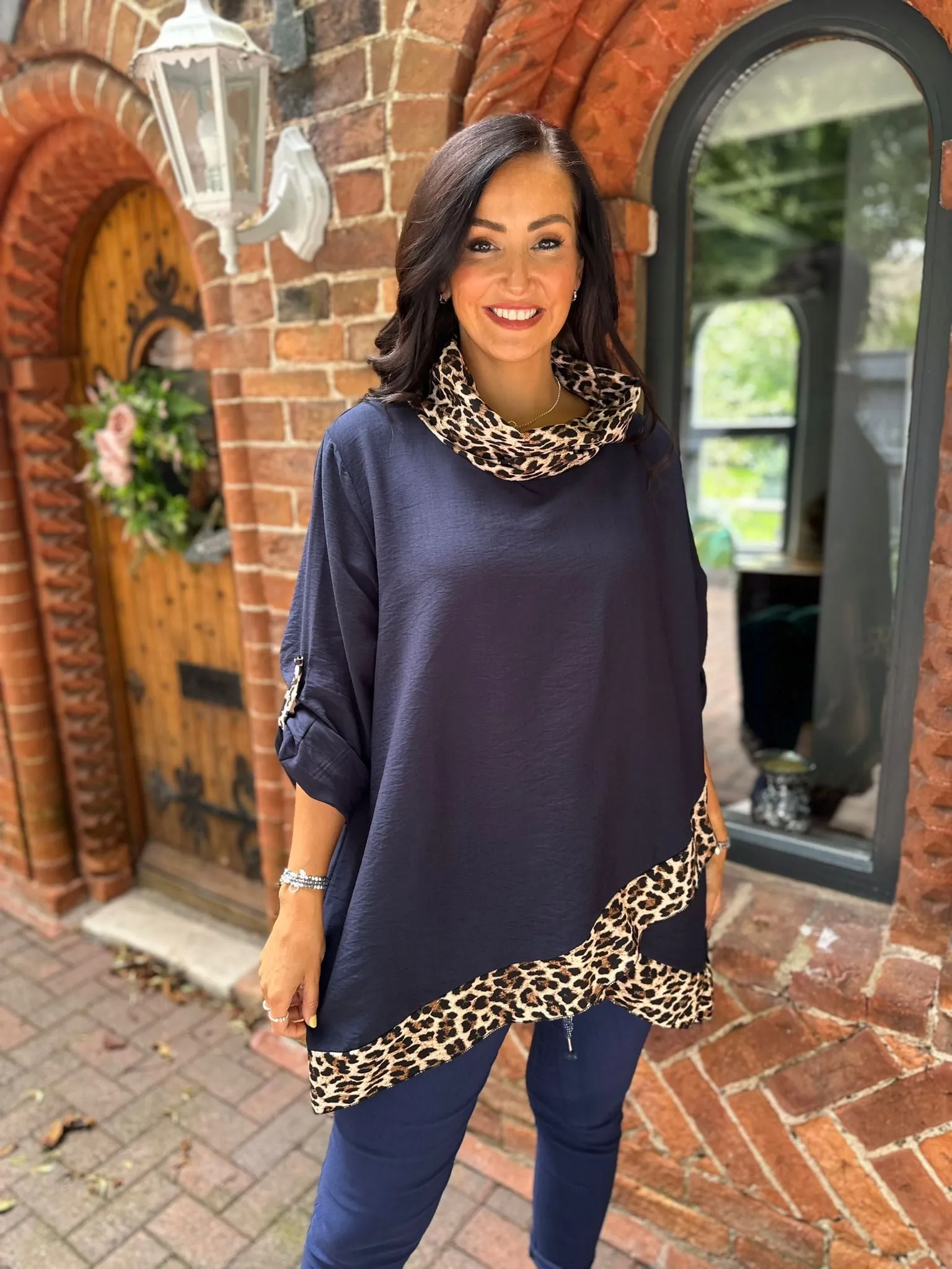 Navy Leopard Cowl Neck Top Frances