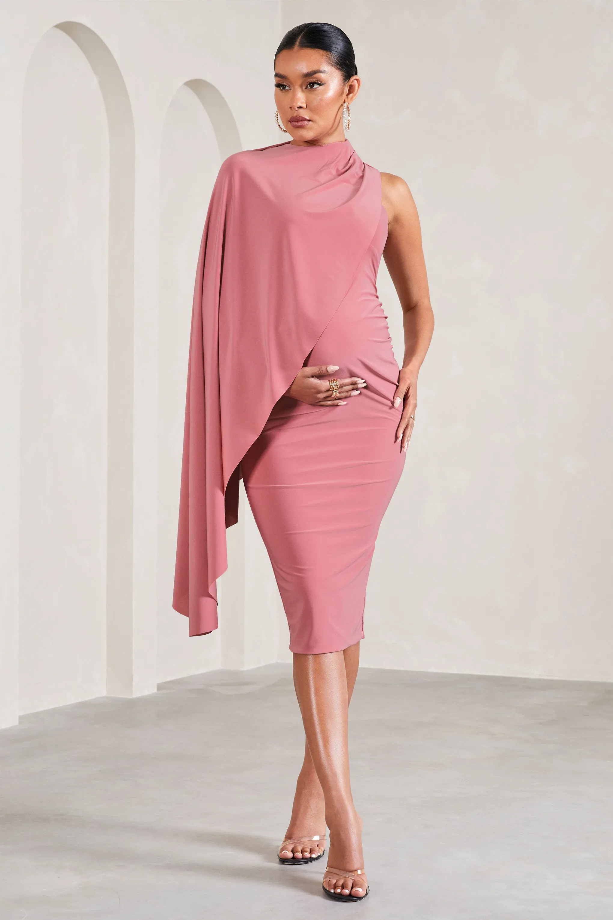 New Chapter | Blush Pink Asymmetric Maternity Midi Dress With Cape