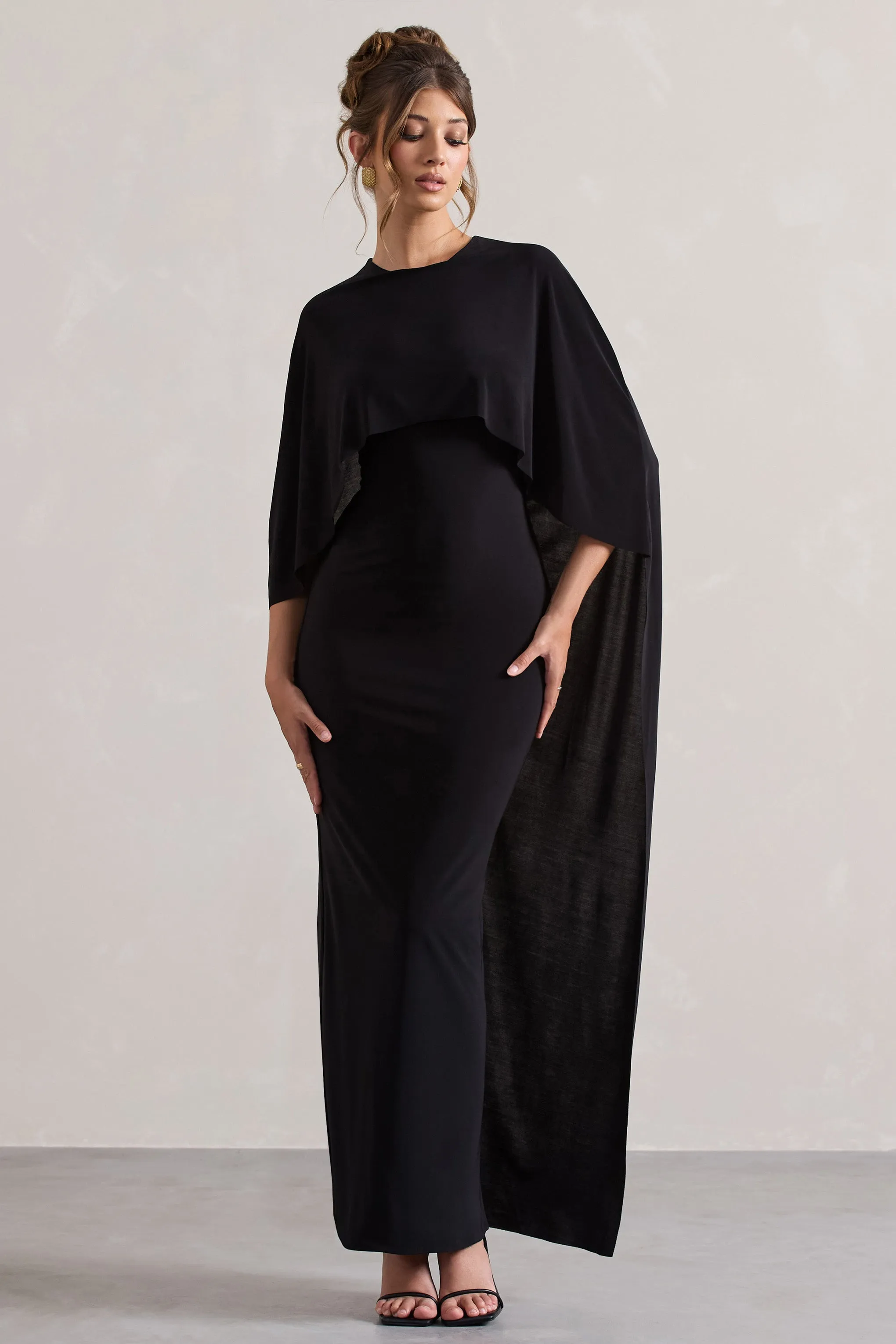 Palena | Black Draped Maxi Dress With Cape Sleeves