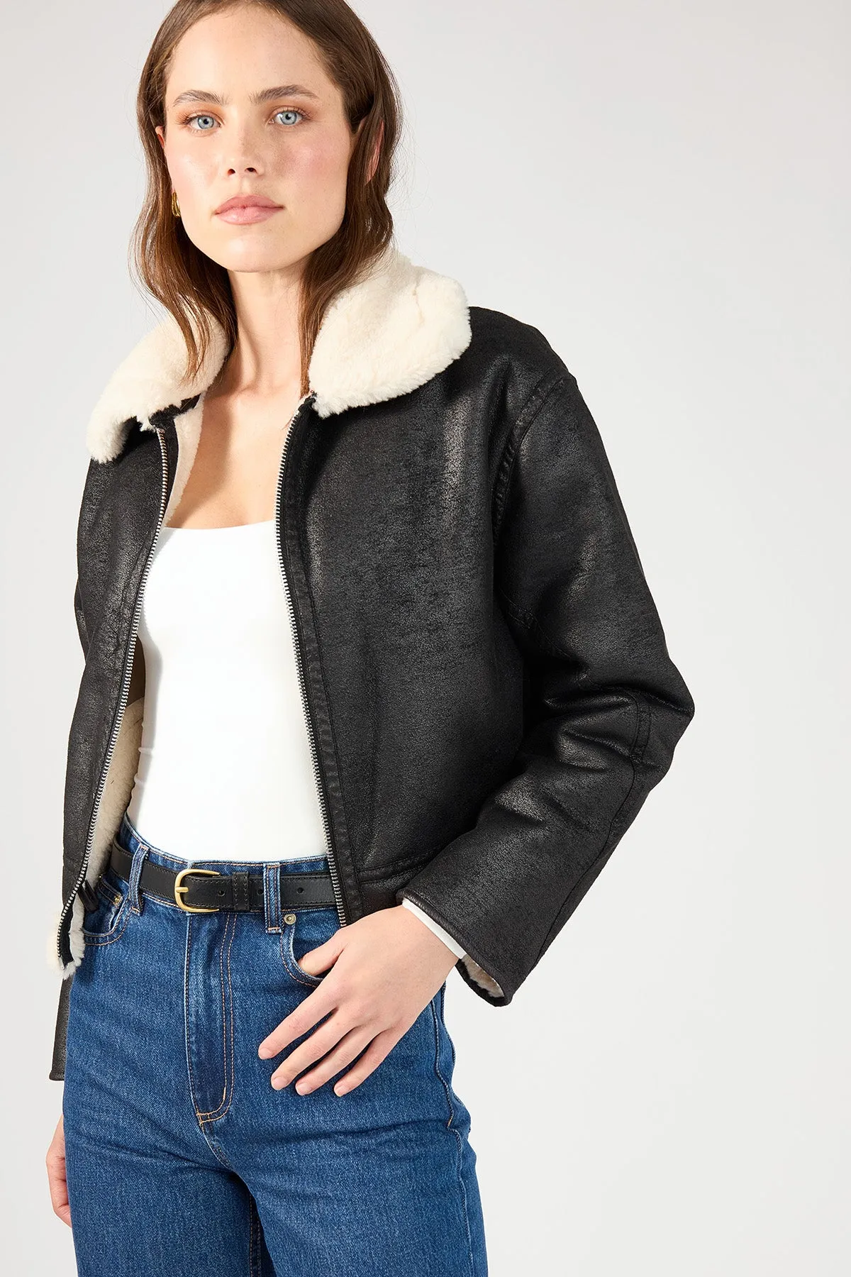 Perfect Stranger Lavinia Boxy Shearling Jacket Black