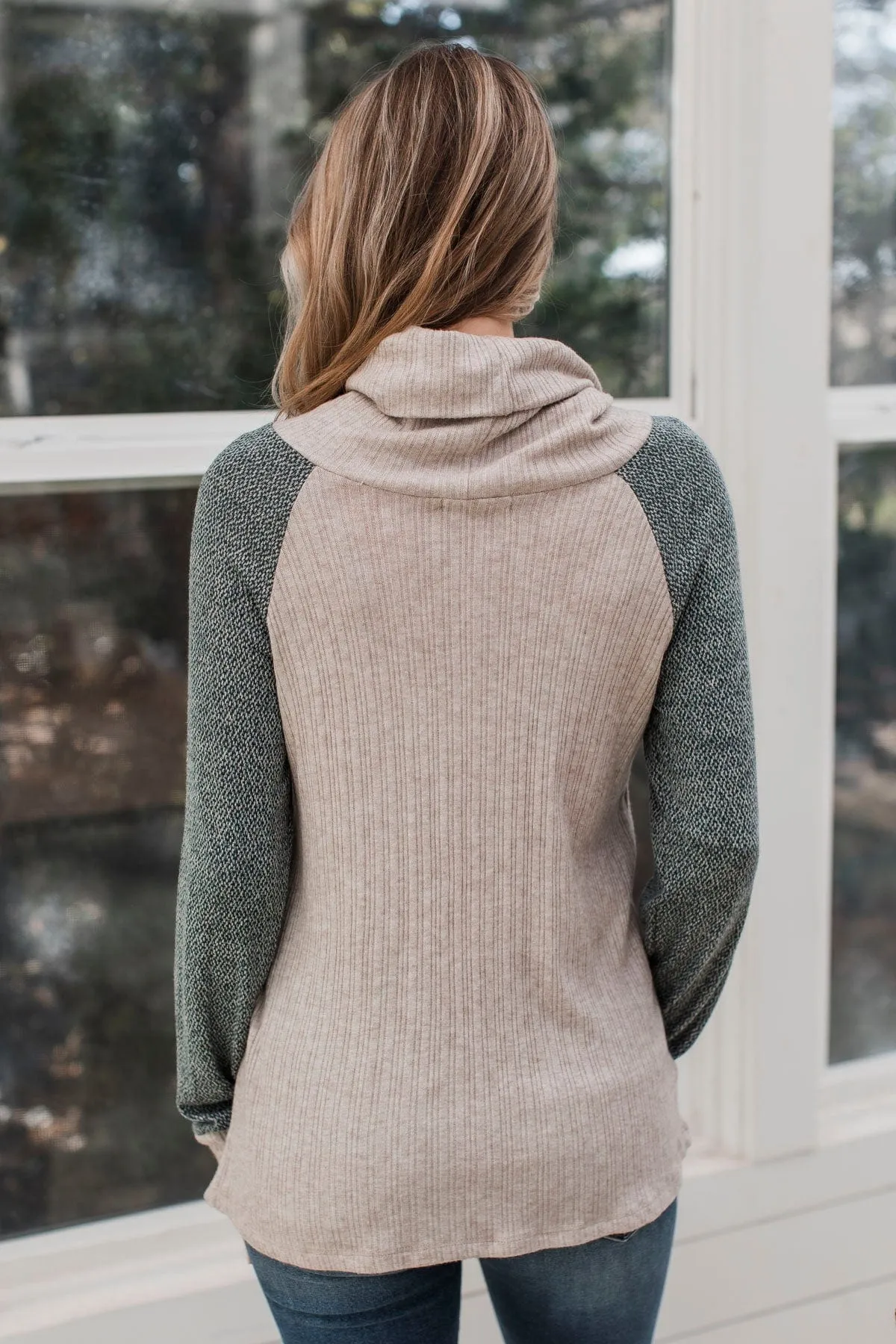 Perfectly Darling Cowl Neck Top- Oatmeal & Dark Green