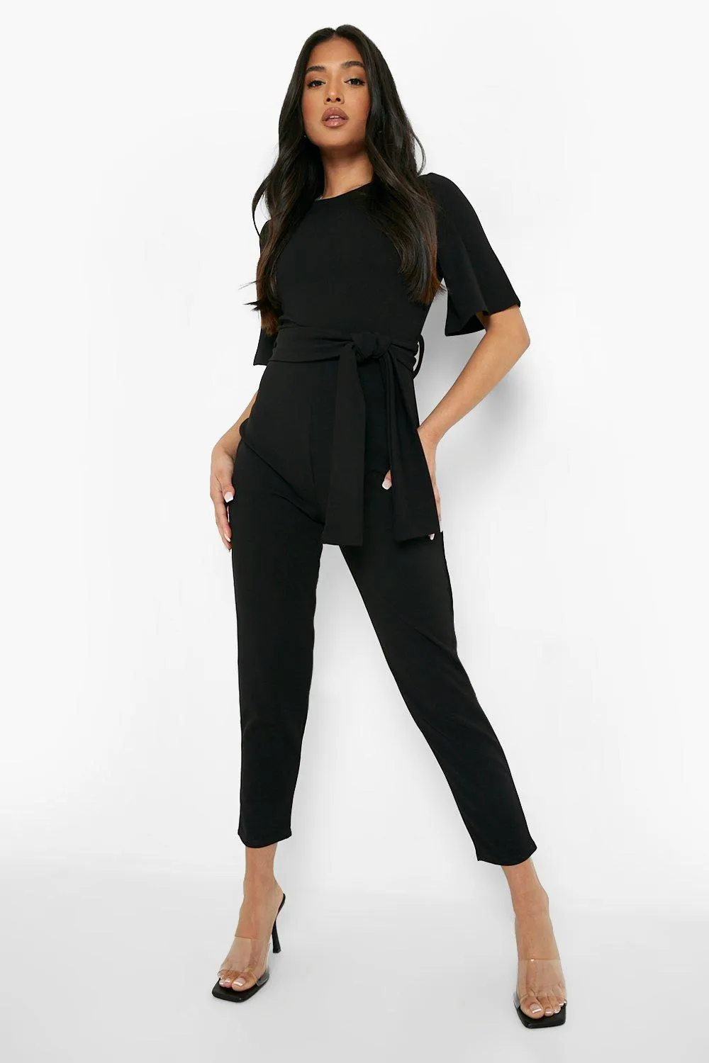 Petite Cape Sleeve Belted Tailored Jumpsuit