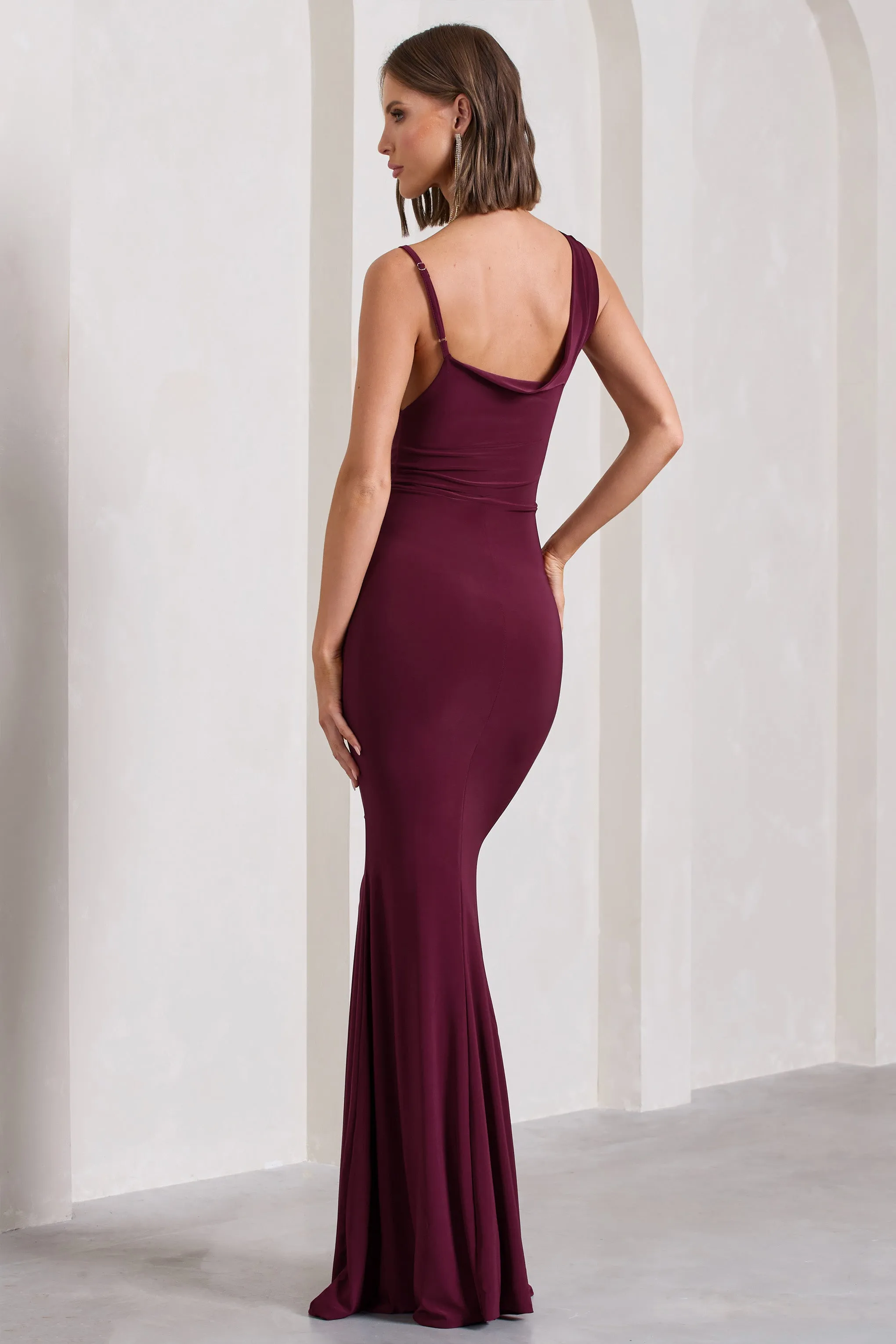 Phantasy | Burgundy Asymmetric Neckline Cowl Maxi Dress