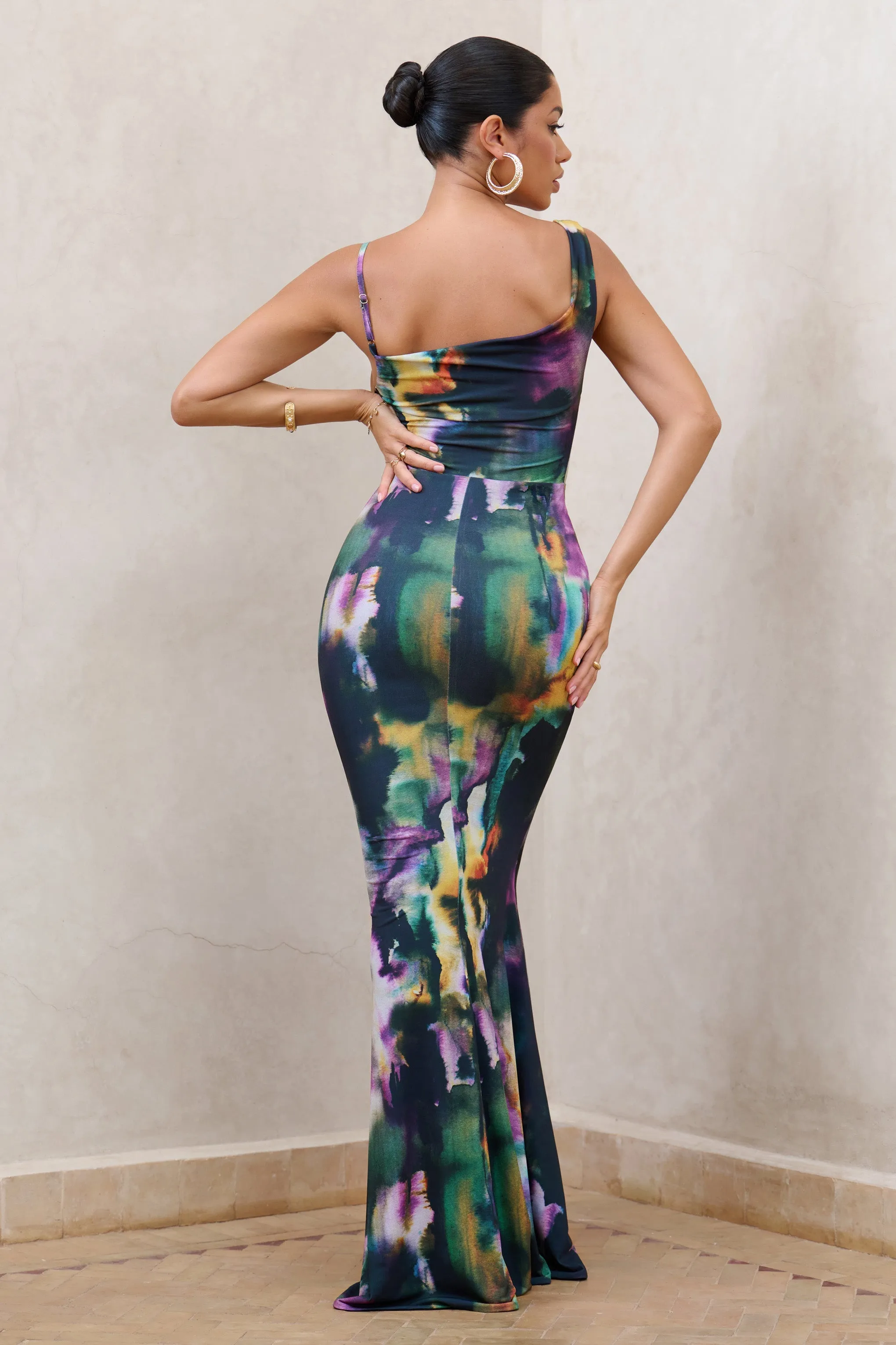 Phantasy | Watercolour Print Asymmetric Neckline Cowl Maxi Dress