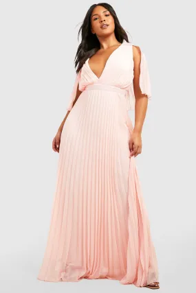 Plus Bridesmaid Pleated Cape Maxi Dress