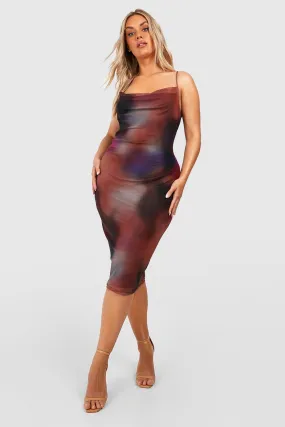 Plus Cowl Neck Abstract Mesh Midi Dress