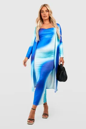 Plus Printed Cowl Neck Dress And Kimono