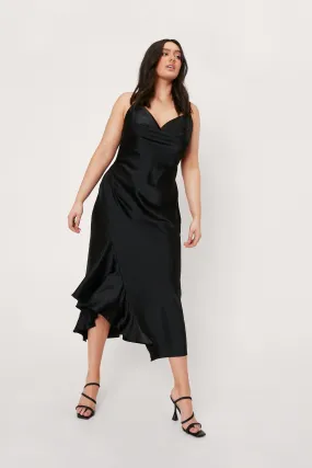 Plus Size Satin Cowl Neck Ruffle Midi Dress