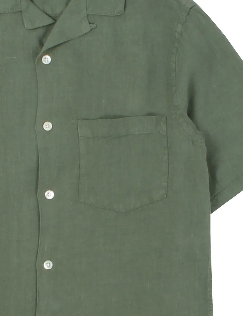 Portuguese Flannel Linen Camp Collar Short Sleeve Shirt Dry Green